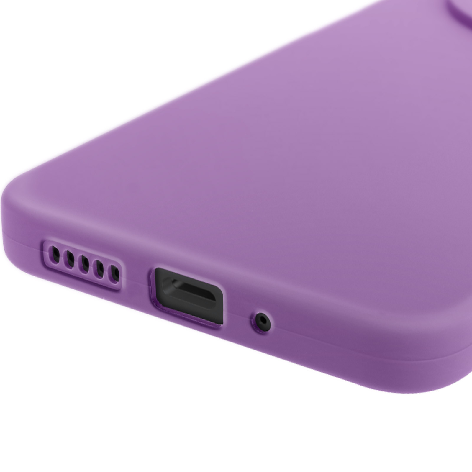 Primo piano di un telefono viola, con fotocamera e porte visibili. La superficie è liscia e opaca.
