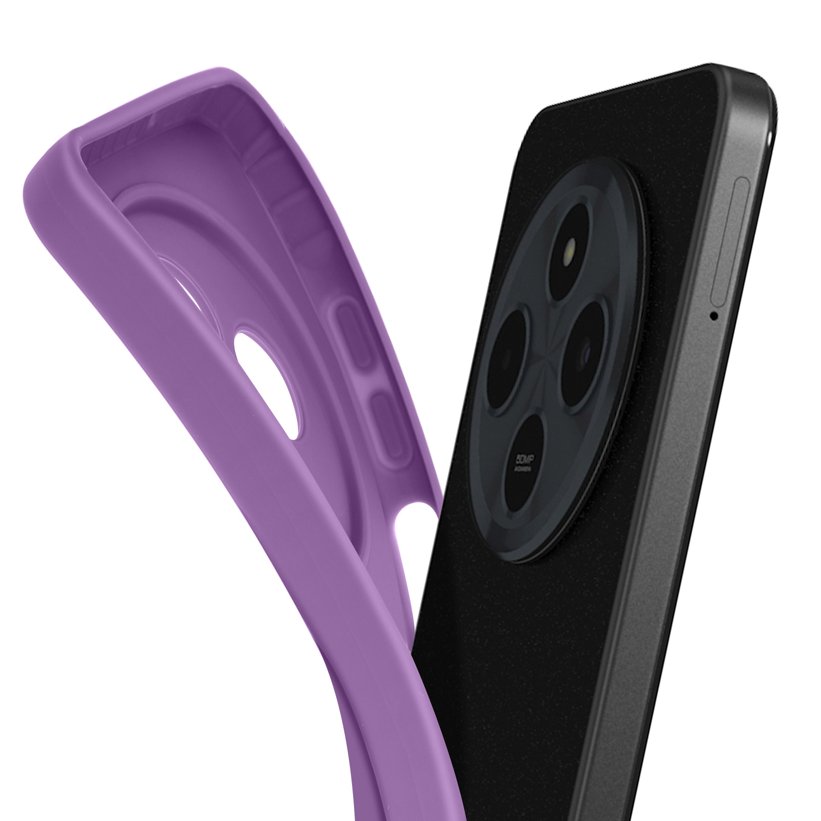 Una custodia per telefono viola che si apre, rivelando il retro di uno smartphone nero con lenti della fotocamera.