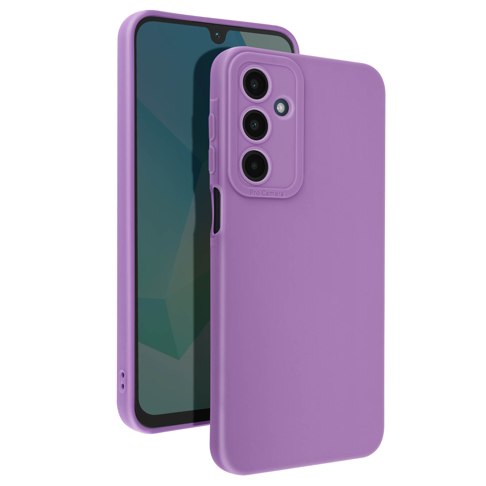 Telefono viola con custodia, due fotocamere posteriori. Lo sfondo è bianco.