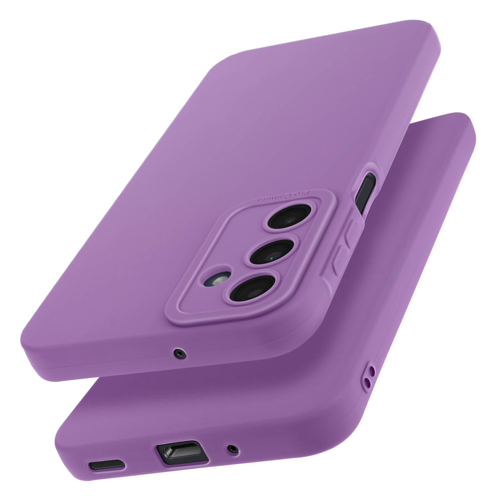 Due custodie per telefono viola, una sopra l'altra, con ritagli per la fotocamera, su sfondo bianco.