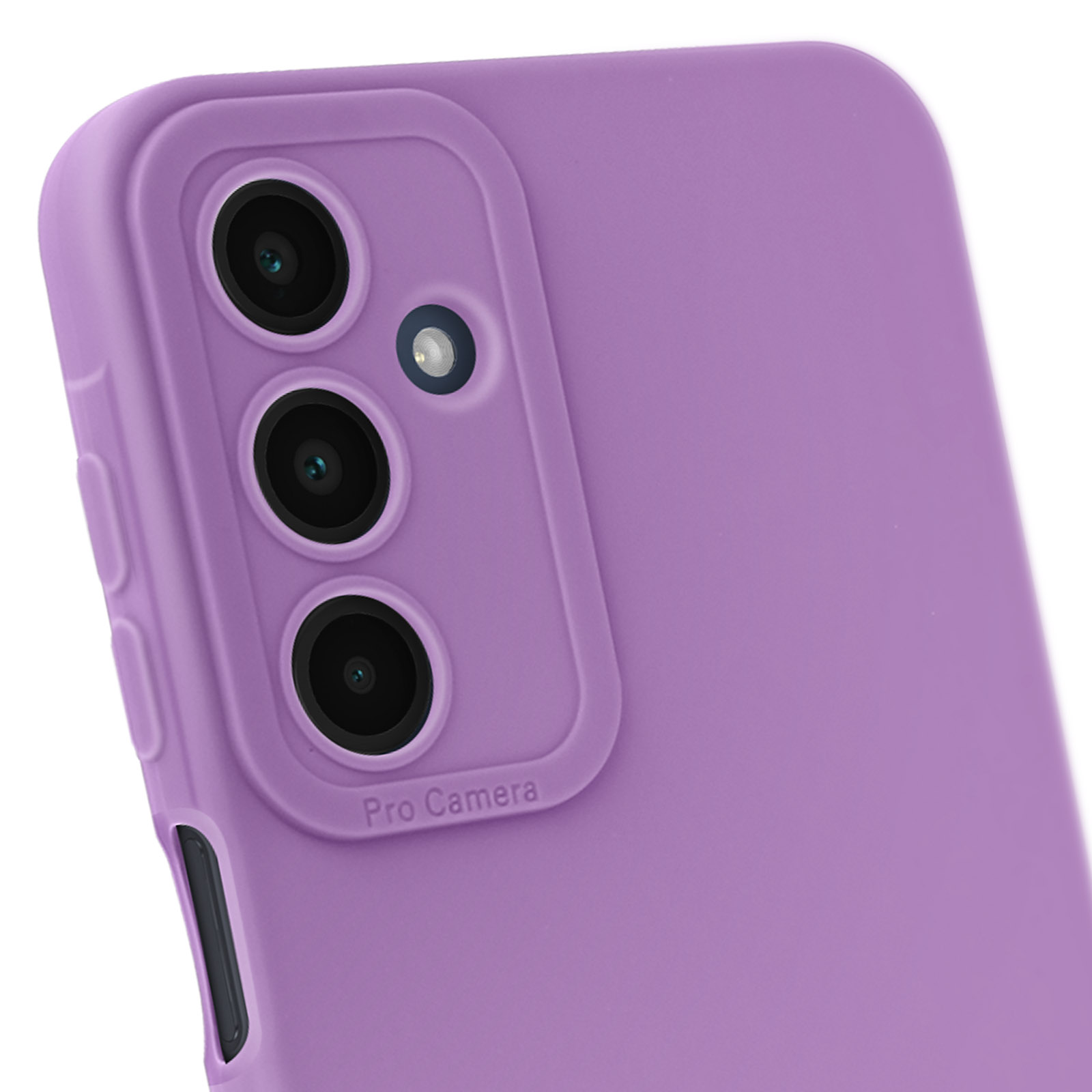 Custodia per telefono viola con tre lenti della fotocamera. La custodia è su sfondo bianco.