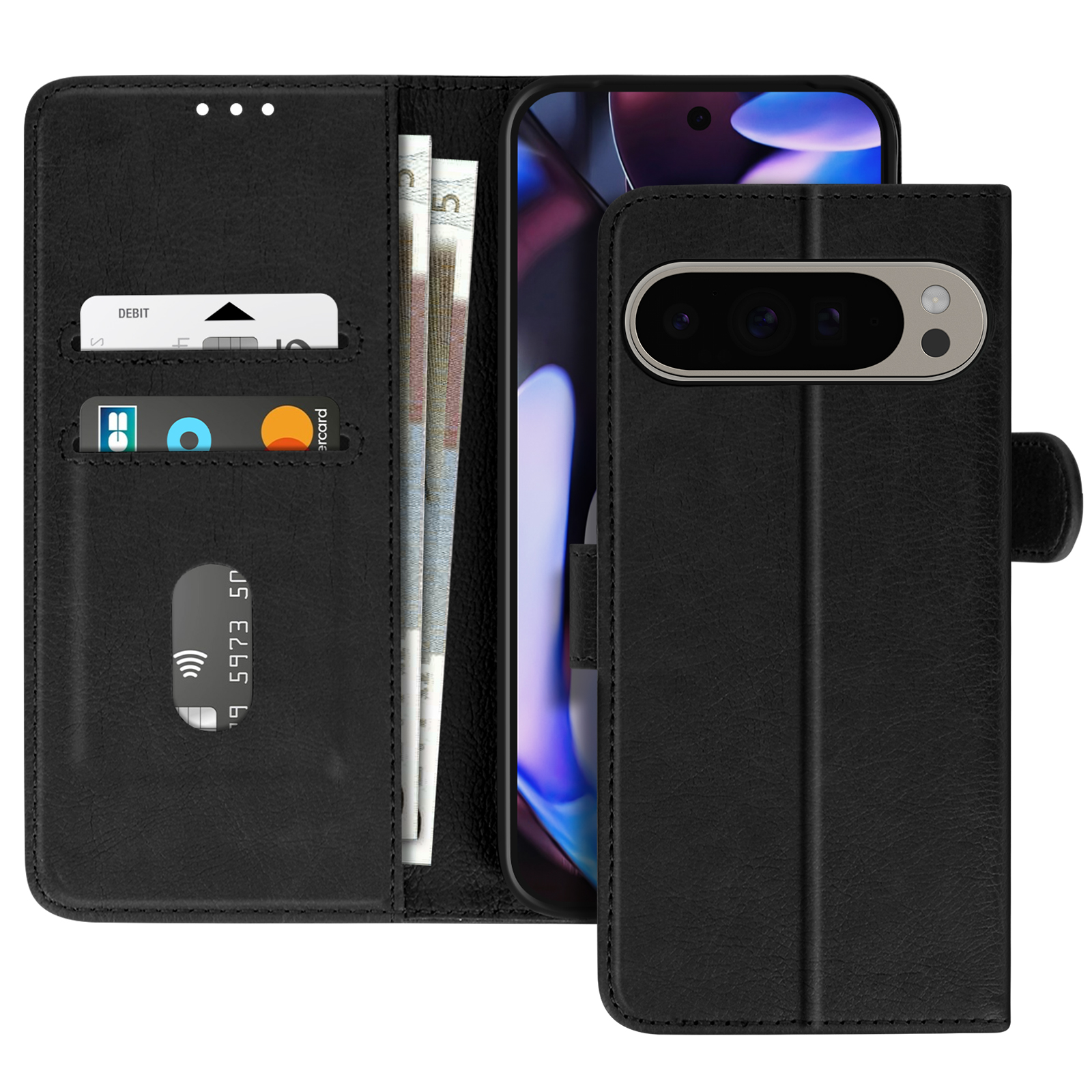 Custodia a portafoglio in pelle nera, aperta per mostrare carte, denaro e telefono all'interno.