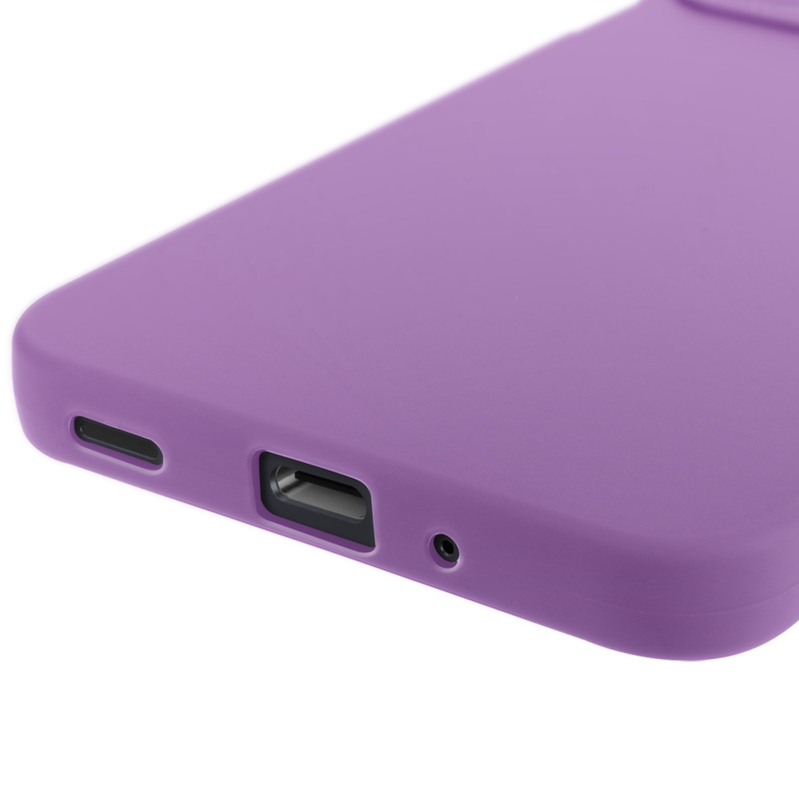 Un primo piano della porta di ricarica e del lato di un telefono viola. La porta è nera e il corpo è un viola liscio e opaco.