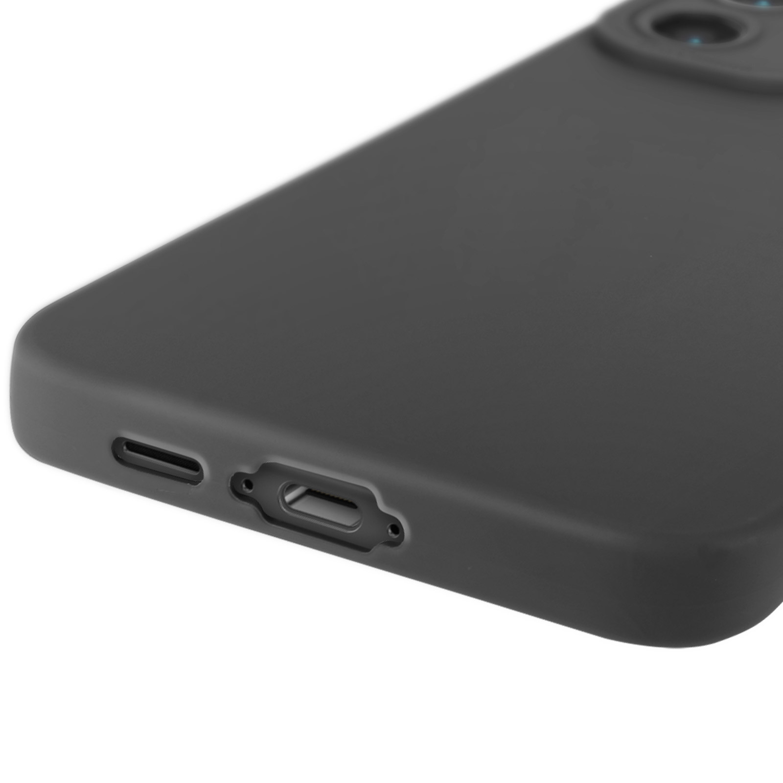 Primo piano di una custodia per telefono grigio scuro con porta di ricarica.