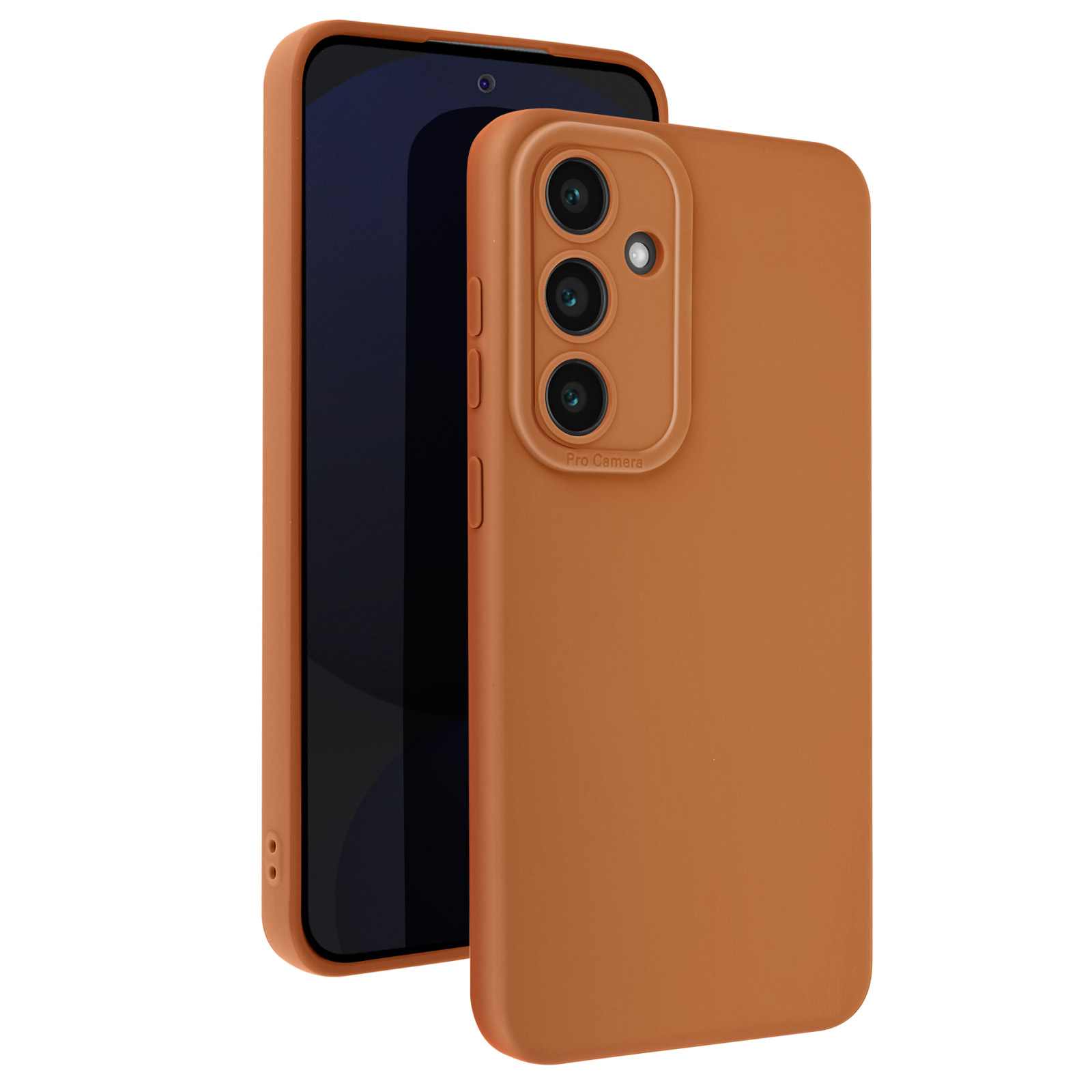 Custodia arancione per telefono su un telefono. Sono visibili tre fotocamere. Il telefono è a sinistra e la custodia a destra.