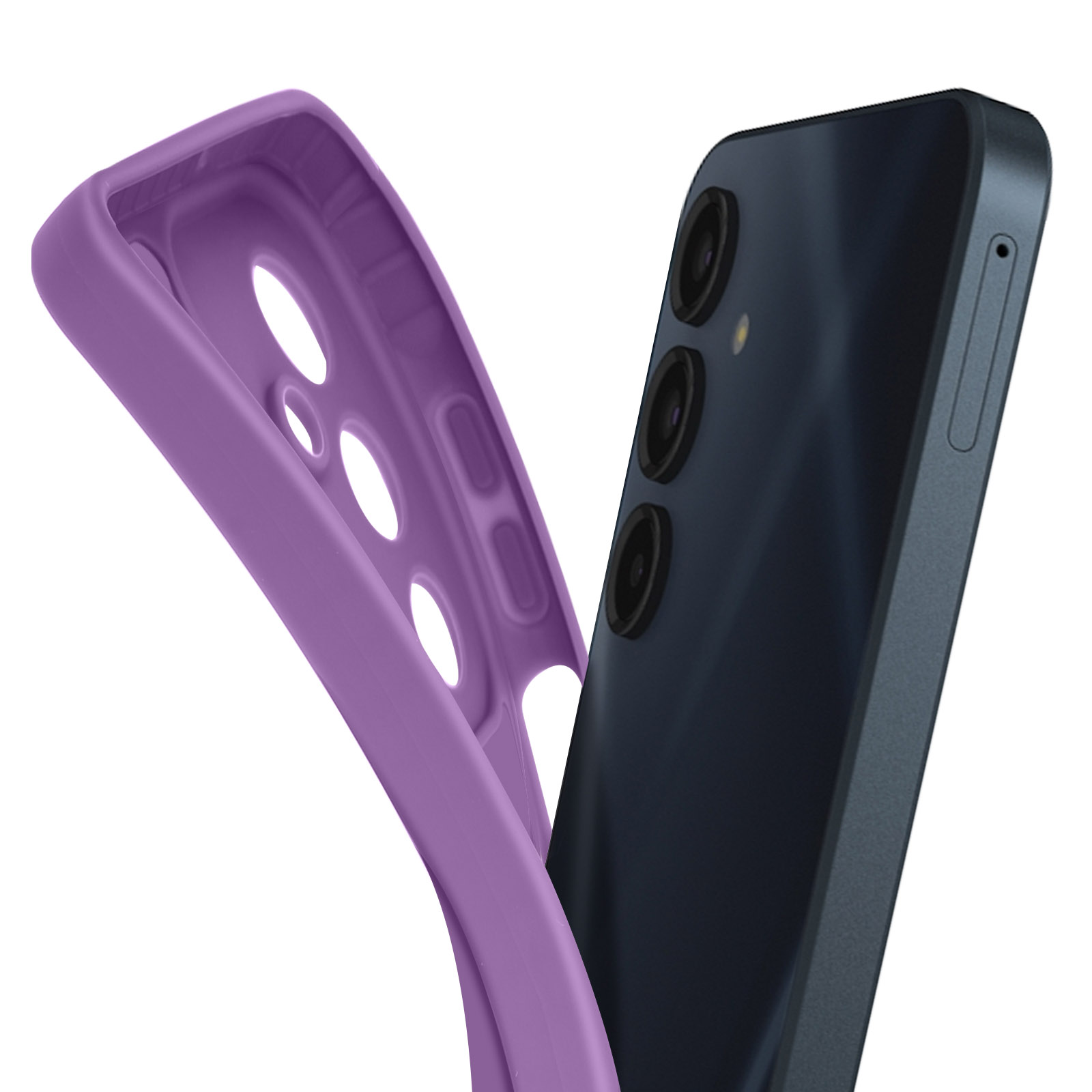 Custodia viola con telefono parzialmente inserito, mostra lenti.