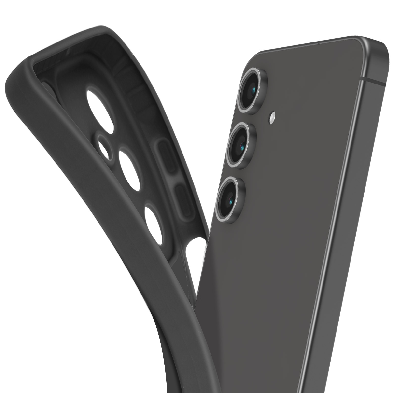 Una custodia per telefono nera con un telefono dentro. La custodia ha un interno strutturato ed è aperta.