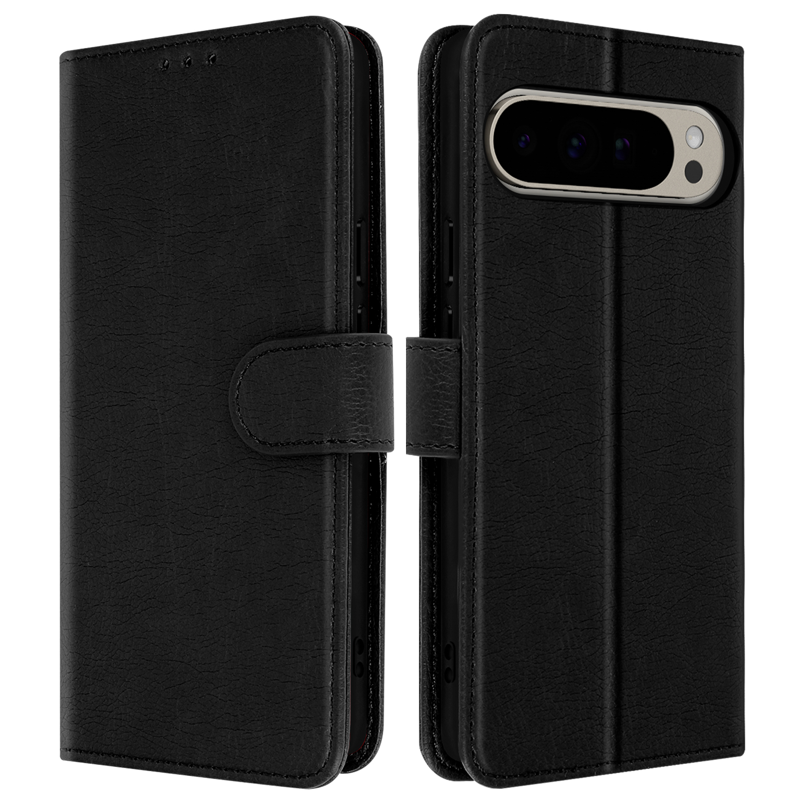 Una custodia per telefono in pelle nera aperta, che rivela il telefono e una chiusura magnetica.