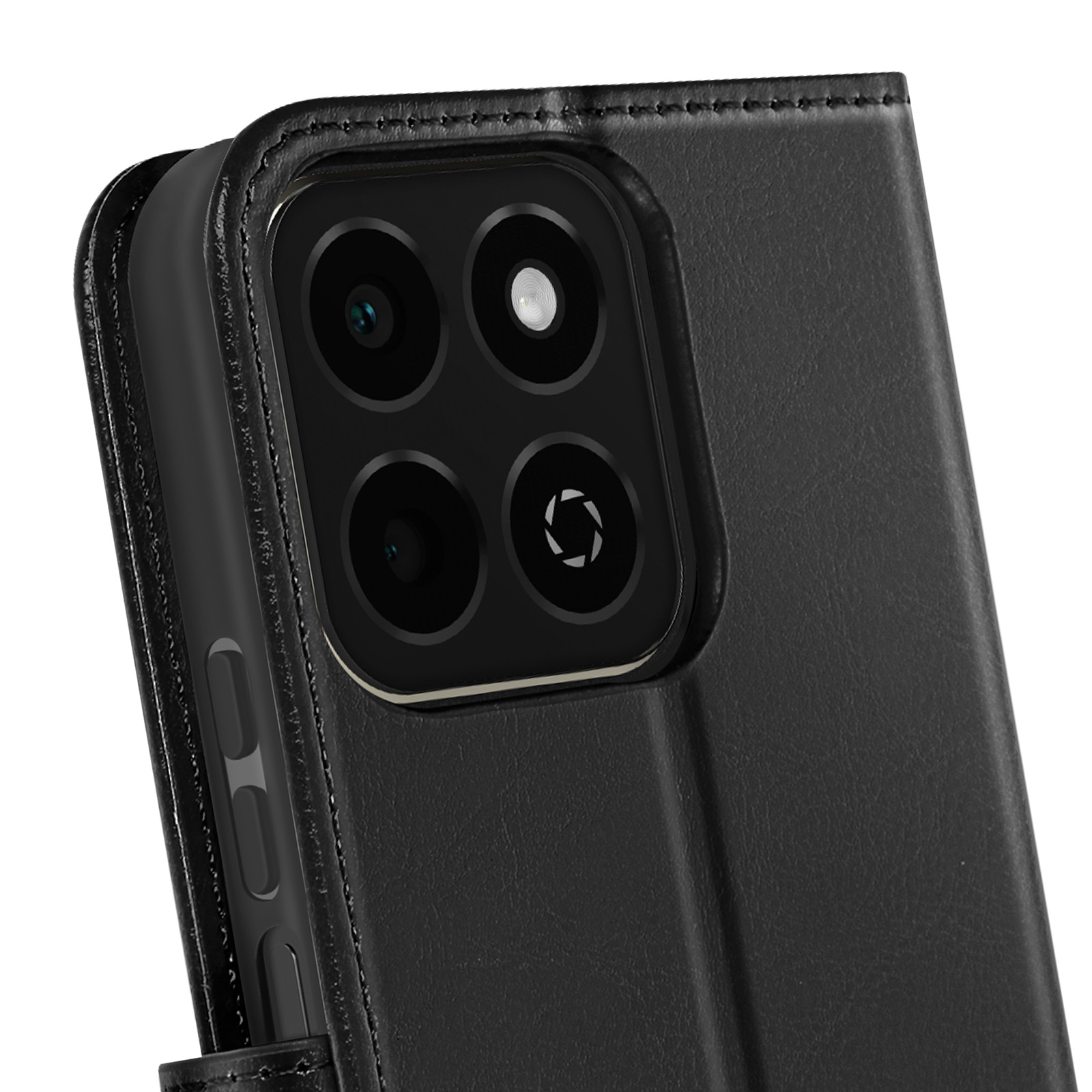 Custodia per telefono nera con sporgenza per la fotocamera. La custodia ha una texture simile alla pelle e cuciture.