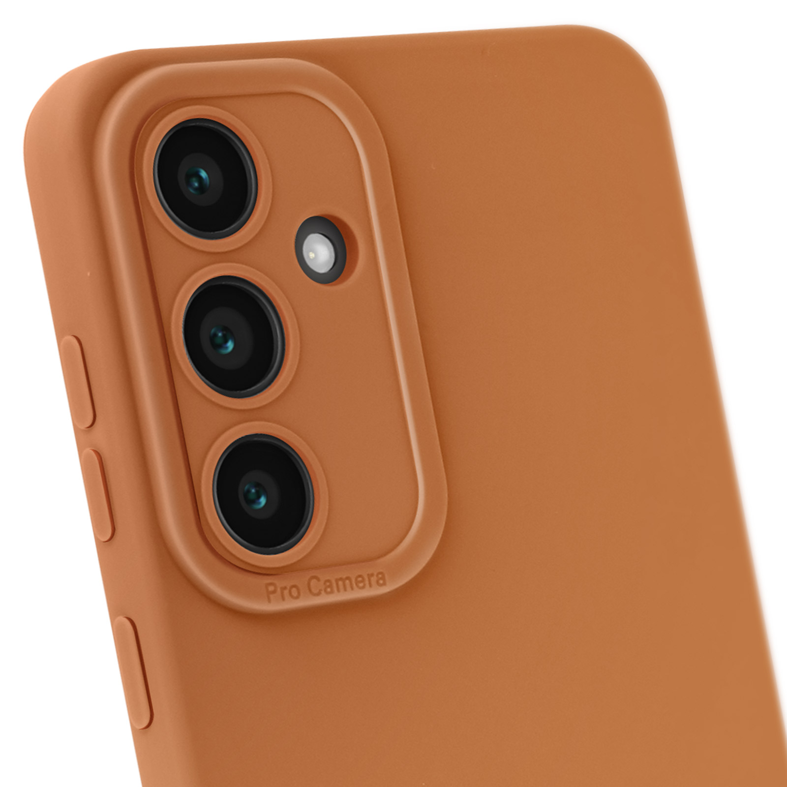 Primo piano di una custodia per telefono marrone con ritagli per la fotocamera e il testo 'Pro Camera'.