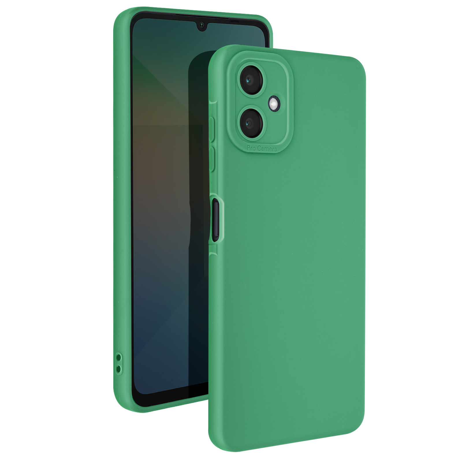 Custodia verde per telefono sopra un telefono verde. Sfondo bianco.