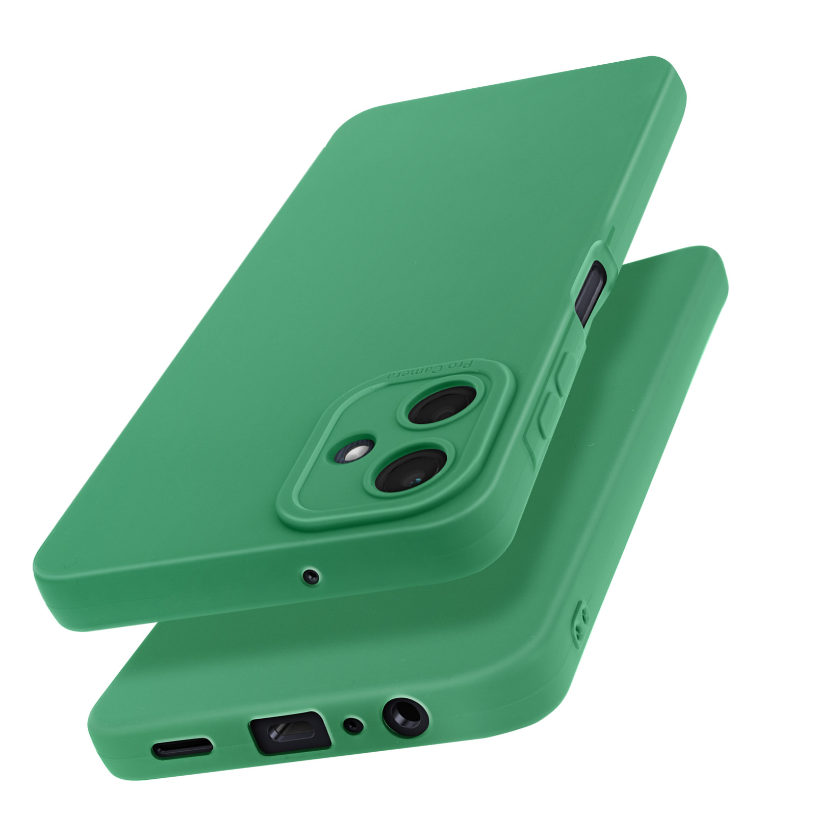 Due custodie per telefono verdi. Una sopra l'altra. Entrambe le custodie hanno ritagli per la fotocamera.