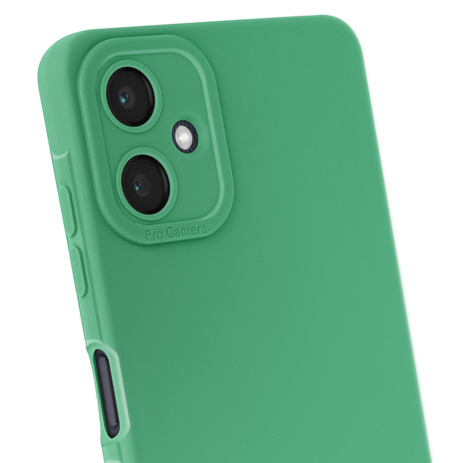 Una custodia verde per telefono con due obiettivi della fotocamera e un flash. Le parole 'Pro Camera' sono scritte.