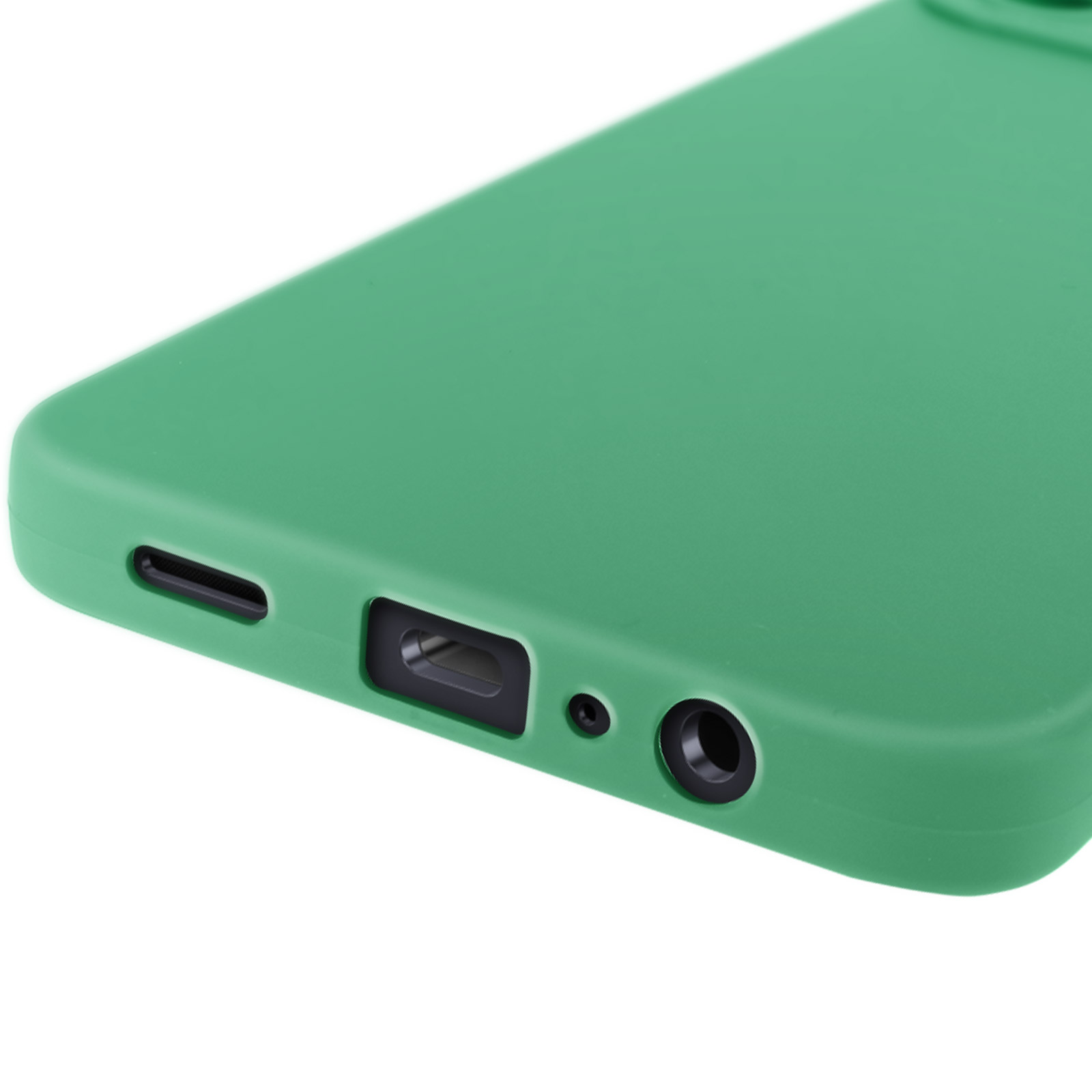 Custodia verde con telefono. Mostra la parte inferiore, le porte e i fori degli altoparlanti.