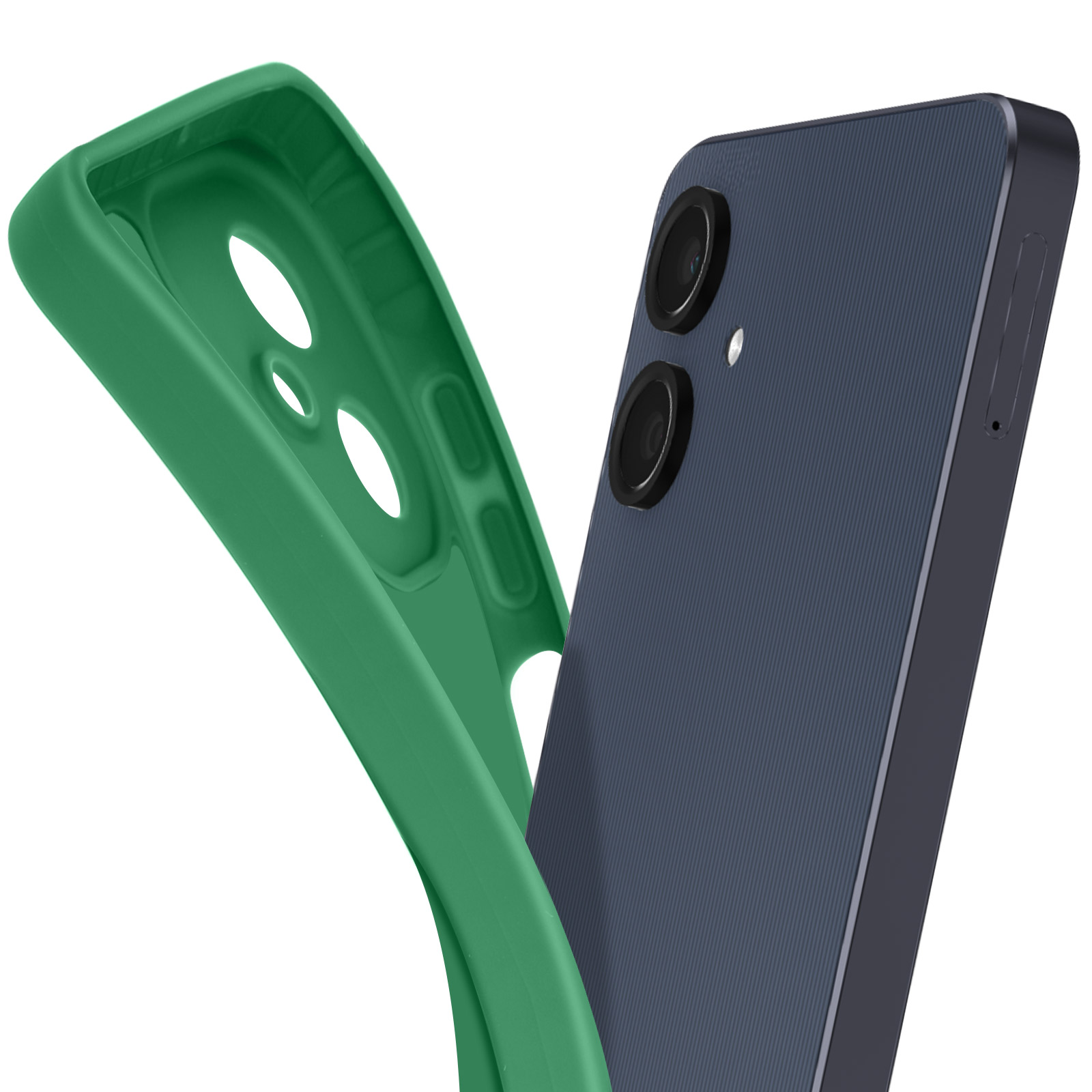 Custodia per telefono verde con un telefono blu, che mostra le lenti della fotocamera.