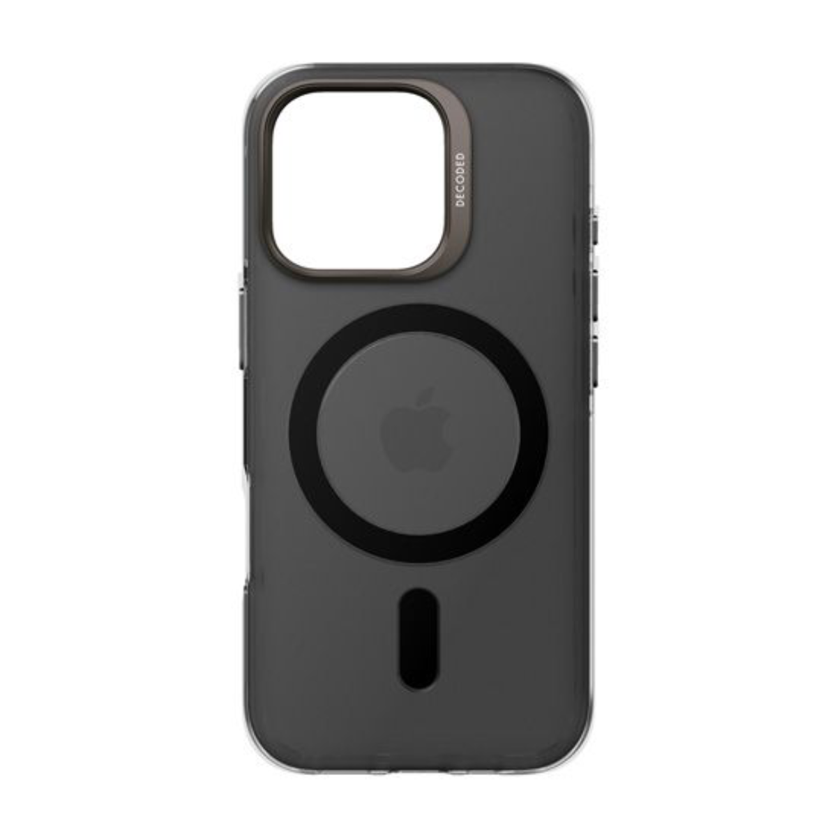 Custodia nera per telefono con cerchio magnetico e logo Apple su bianco.