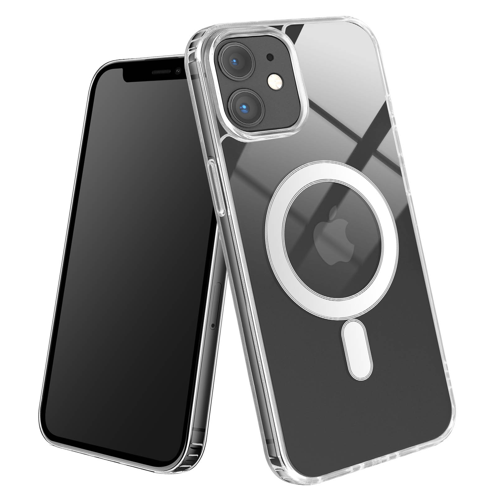 Telefono nero in una custodia trasparente con logo Apple bianco. Sfondo bianco.