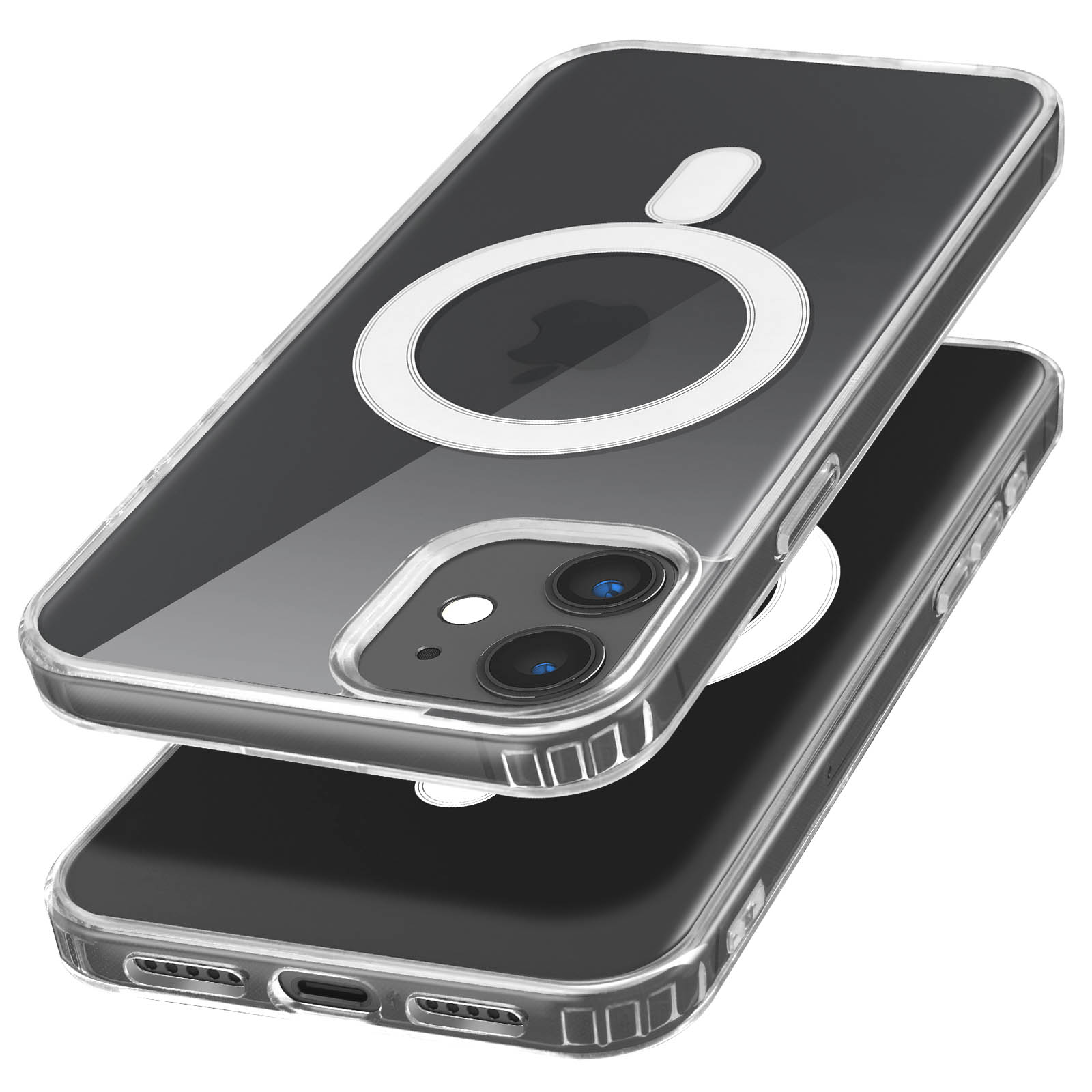 Due custodie trasparenti per telefono, una sopra l'altra. La custodia ha un anello bianco.