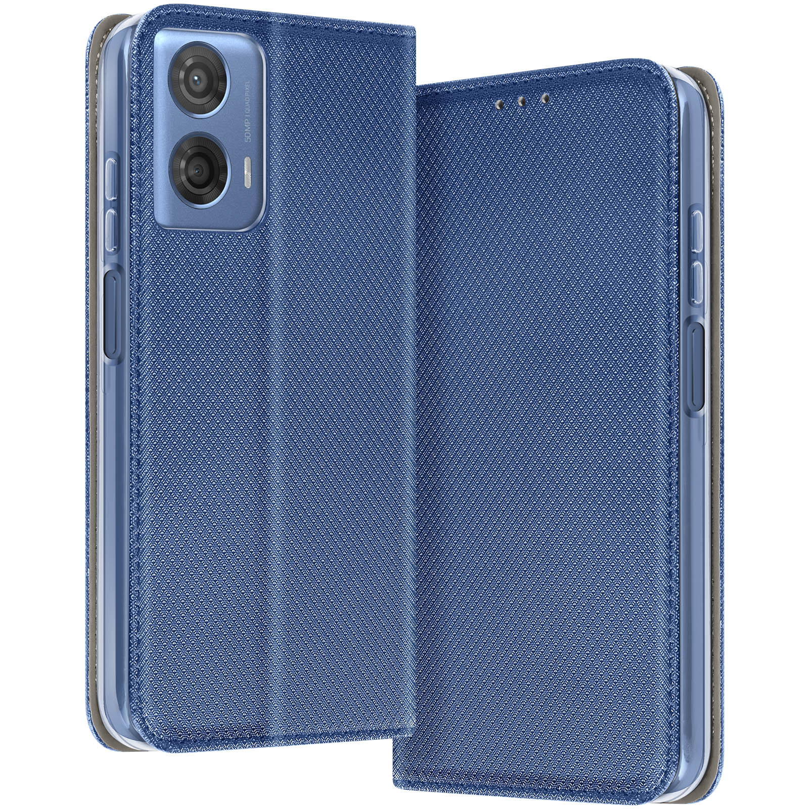Blaue Handyhülle in geöffneter Position, das Telefon und seine Kameras zeigend.