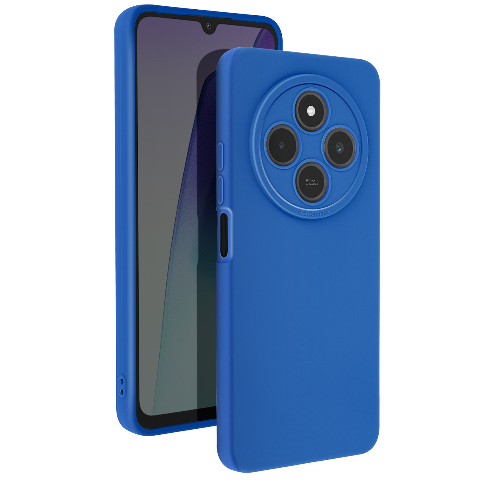 Una custodia blu per telefono con un rialzo per la fotocamera e un telefono, su sfondo bianco.