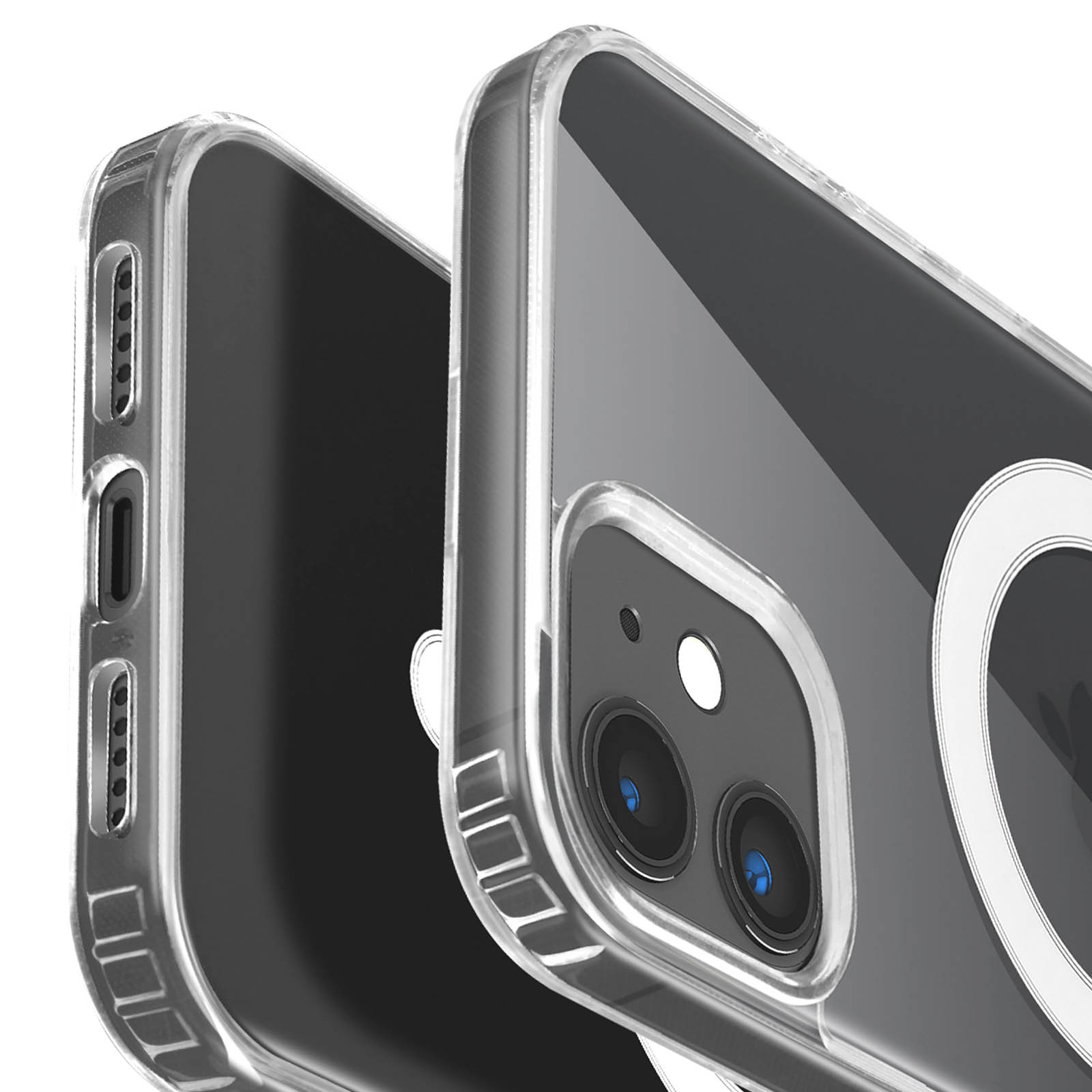 Due custodie trasparenti per telefono. Una è sopra l'altra. Le custodie hanno un telefono nero all'interno.