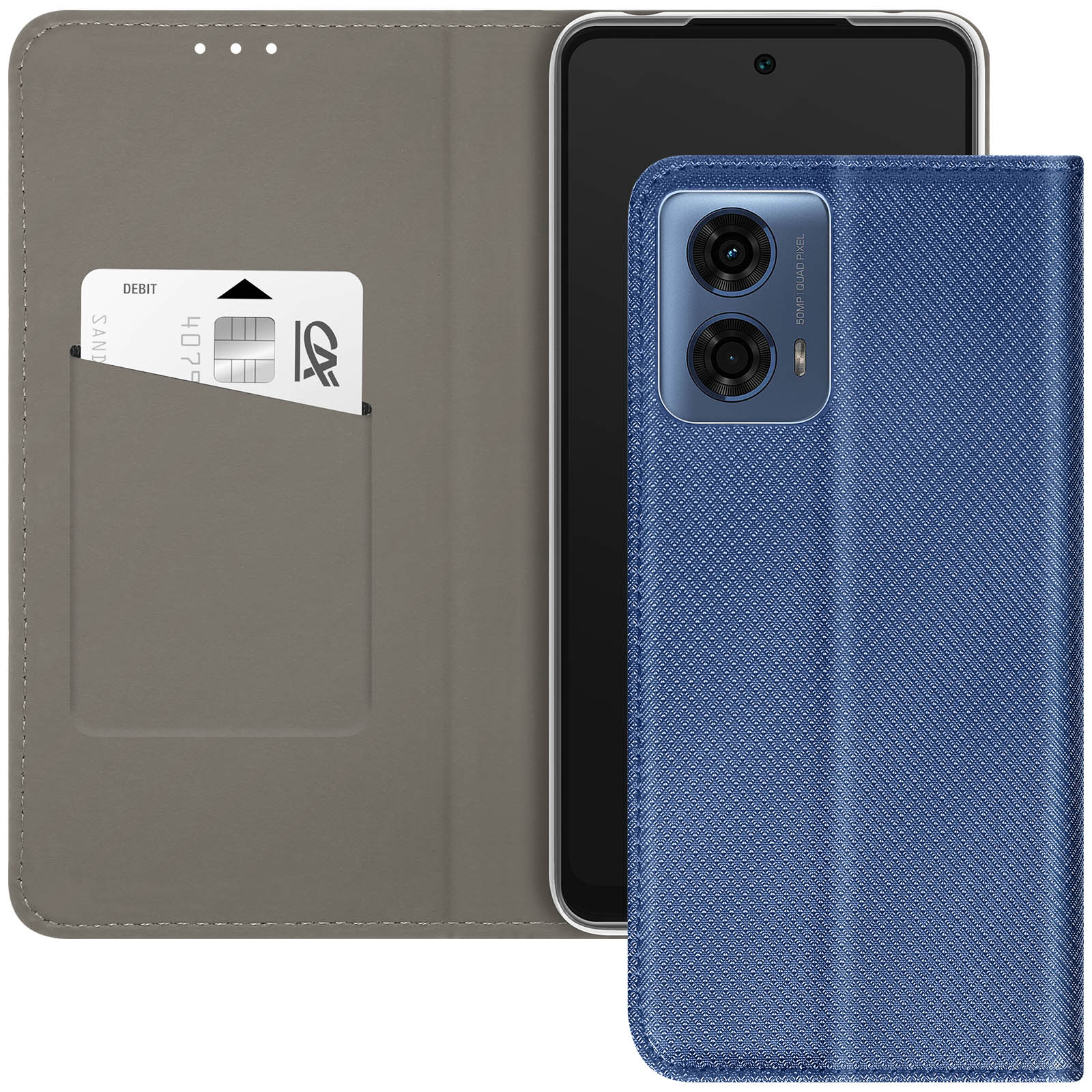 Eine blaue Handyhülle offen, zeigt ein Handy und eine Kreditkarte in einer Tasche.