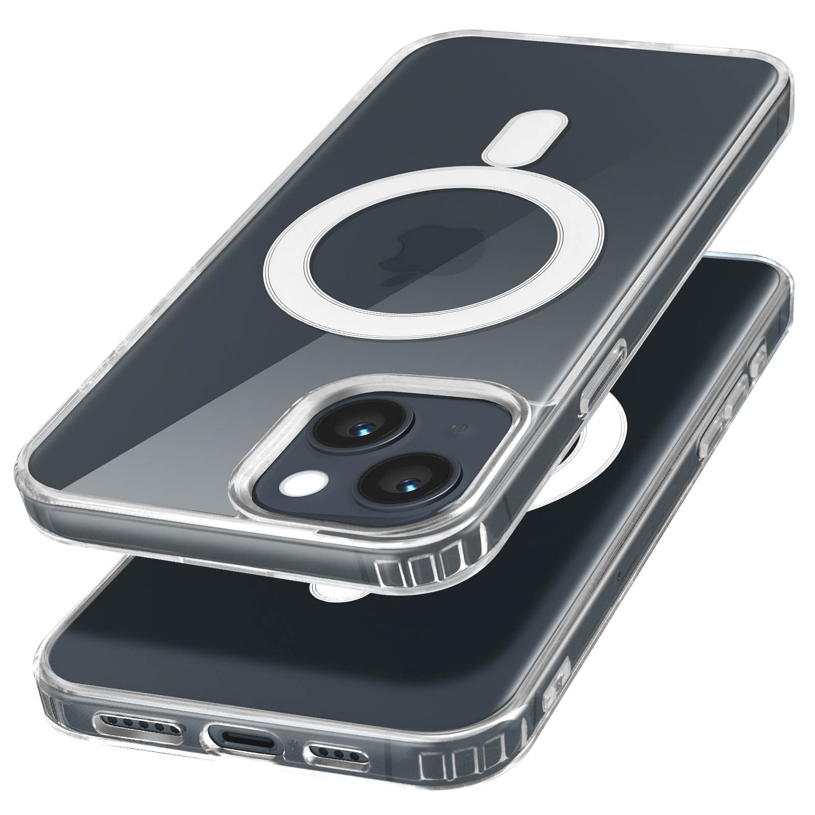 Una persona che tiene una custodia trasparente per telefono con un design ad anello bianco, il telefono è in tasca.