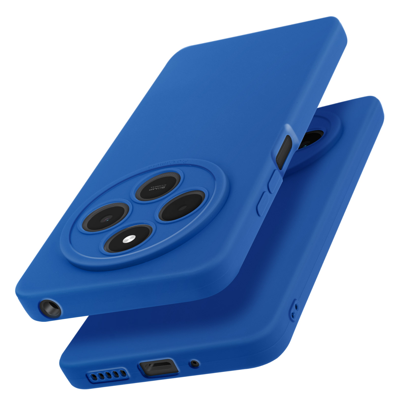 Custodie blu per telefono, una sopra l'altra, con fori per la fotocamera.