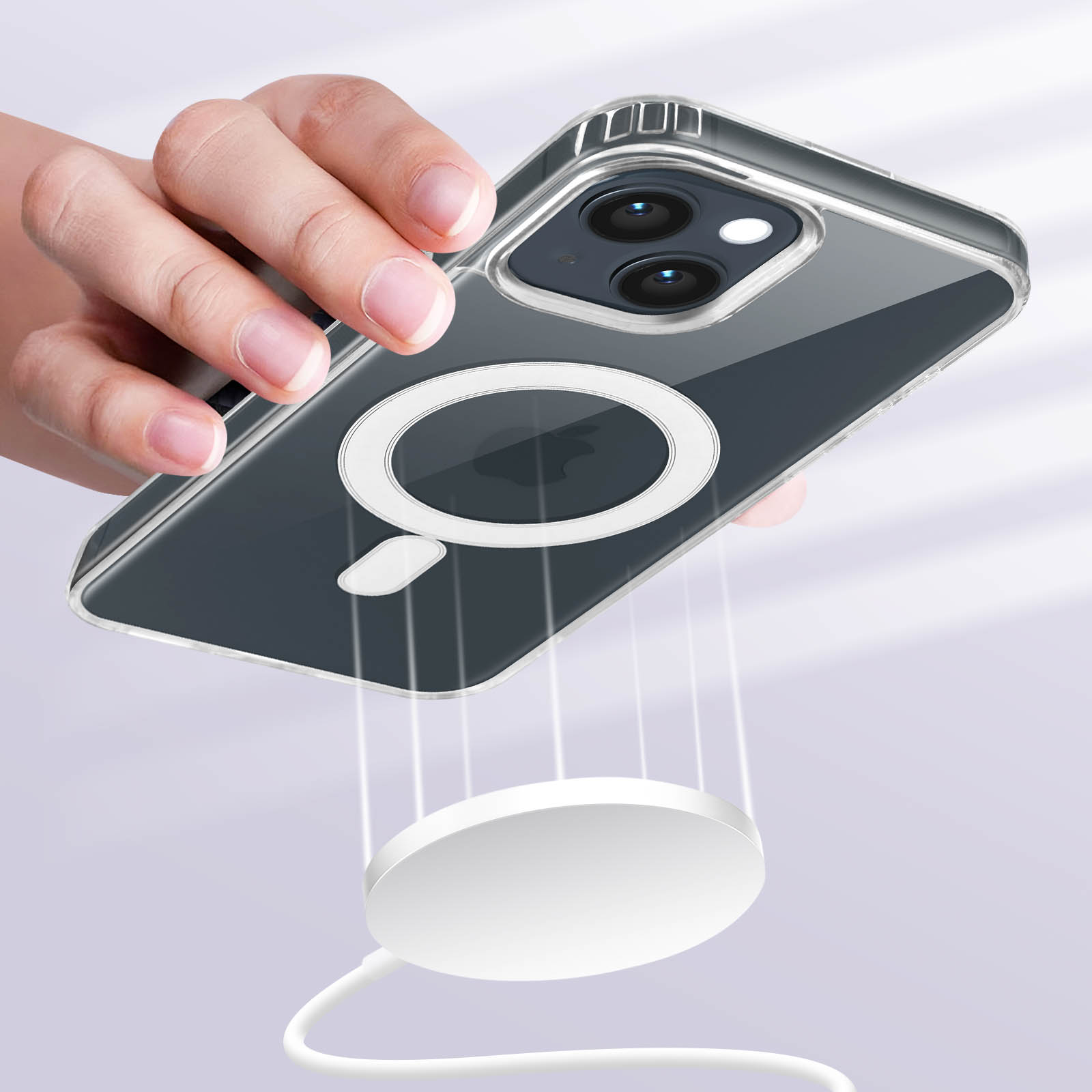 Una custodia trasparente per telefono e un caricabatterie circolare bianco. Il telefono è tenuto sopra il caricabatterie.