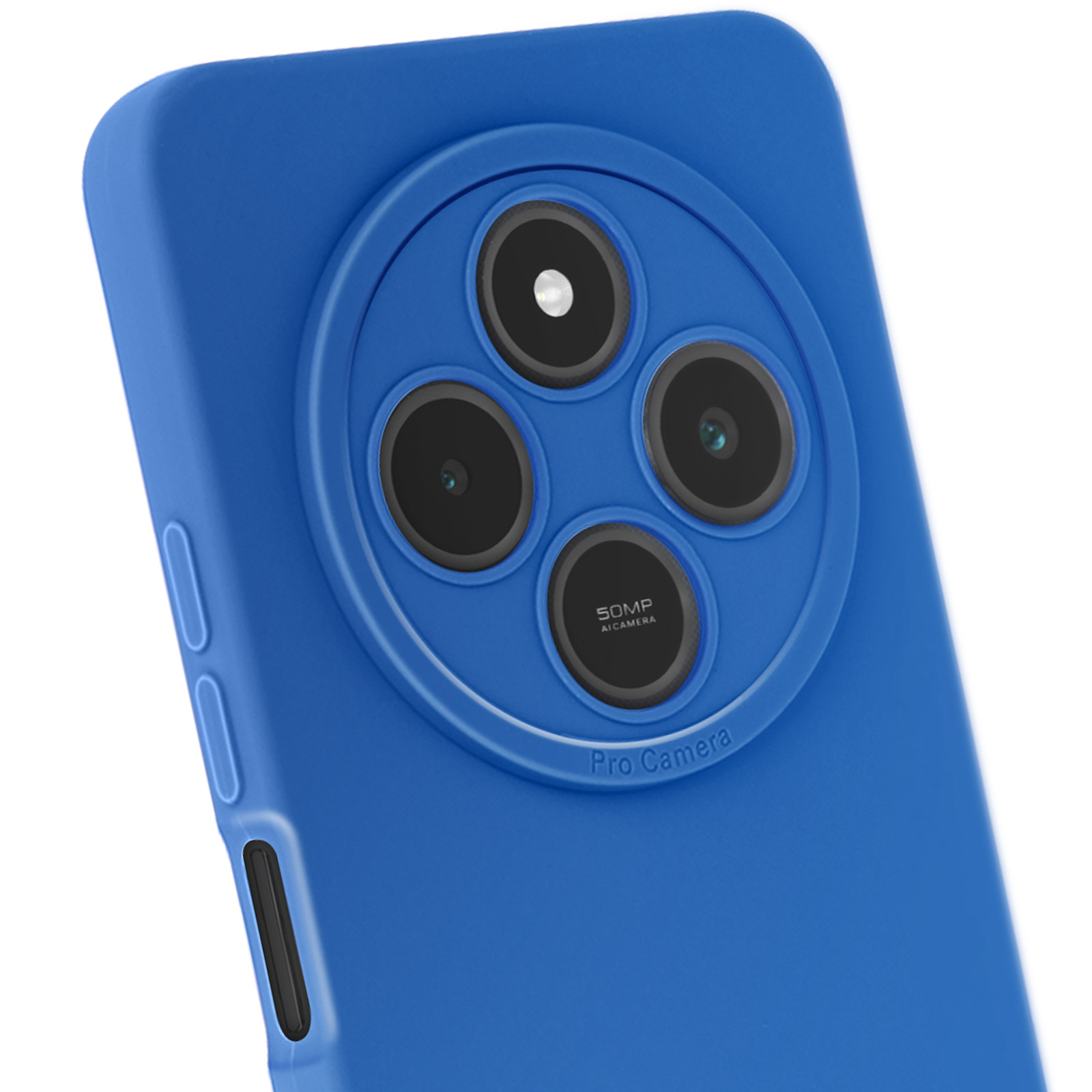 Una custodia per telefono blu. Il retro ha tre obiettivi e le parole 'Pro Camera'.