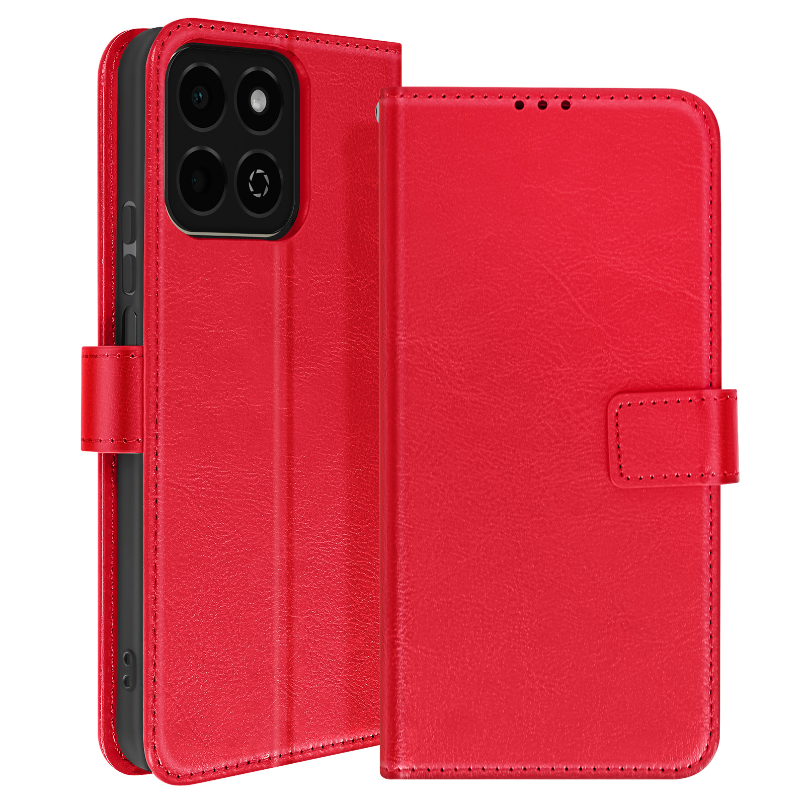 Custodia per telefono in pelle rossa, aperta e chiusa, con telefono all'interno, su bianco.