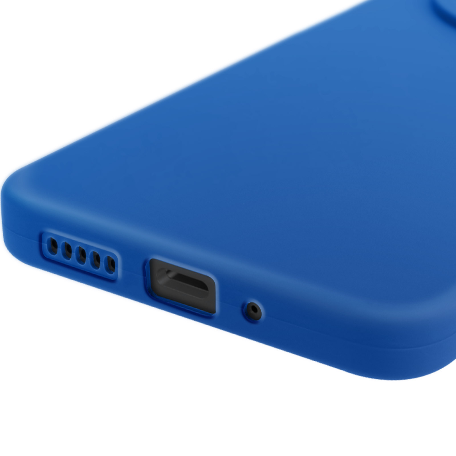 Custodia per telefono blu con porte e pulsanti ben visibili su una superficie bianca.