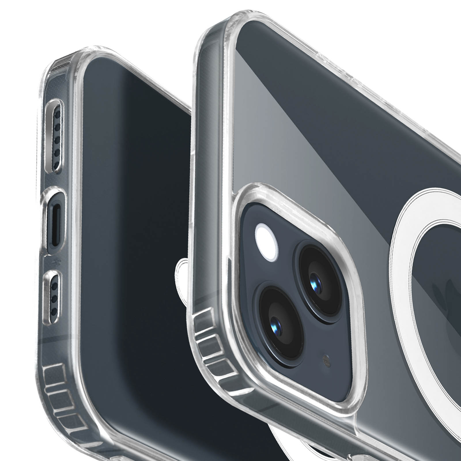 Custodia trasparente per telefono con fotocamera del telefono visibile. Un cerchio bianco è sul retro.