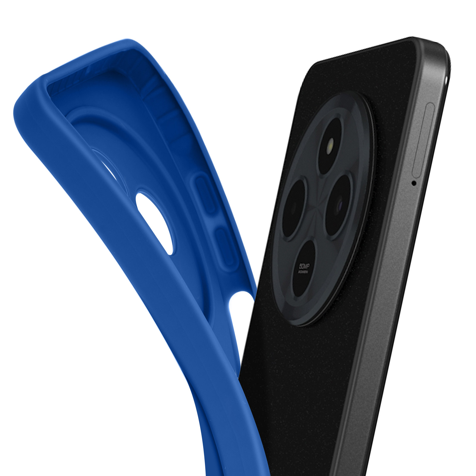 Retro nero del telefono con 3 fotocamere e custodia in silicone blu.