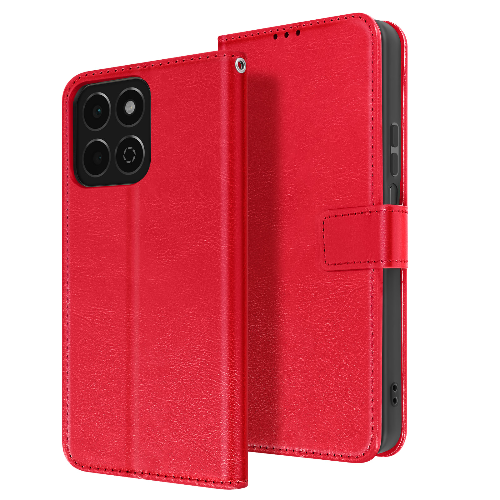 Custodia per telefono in pelle rossa, aperta. Telefono non visibile. Con chiusura.