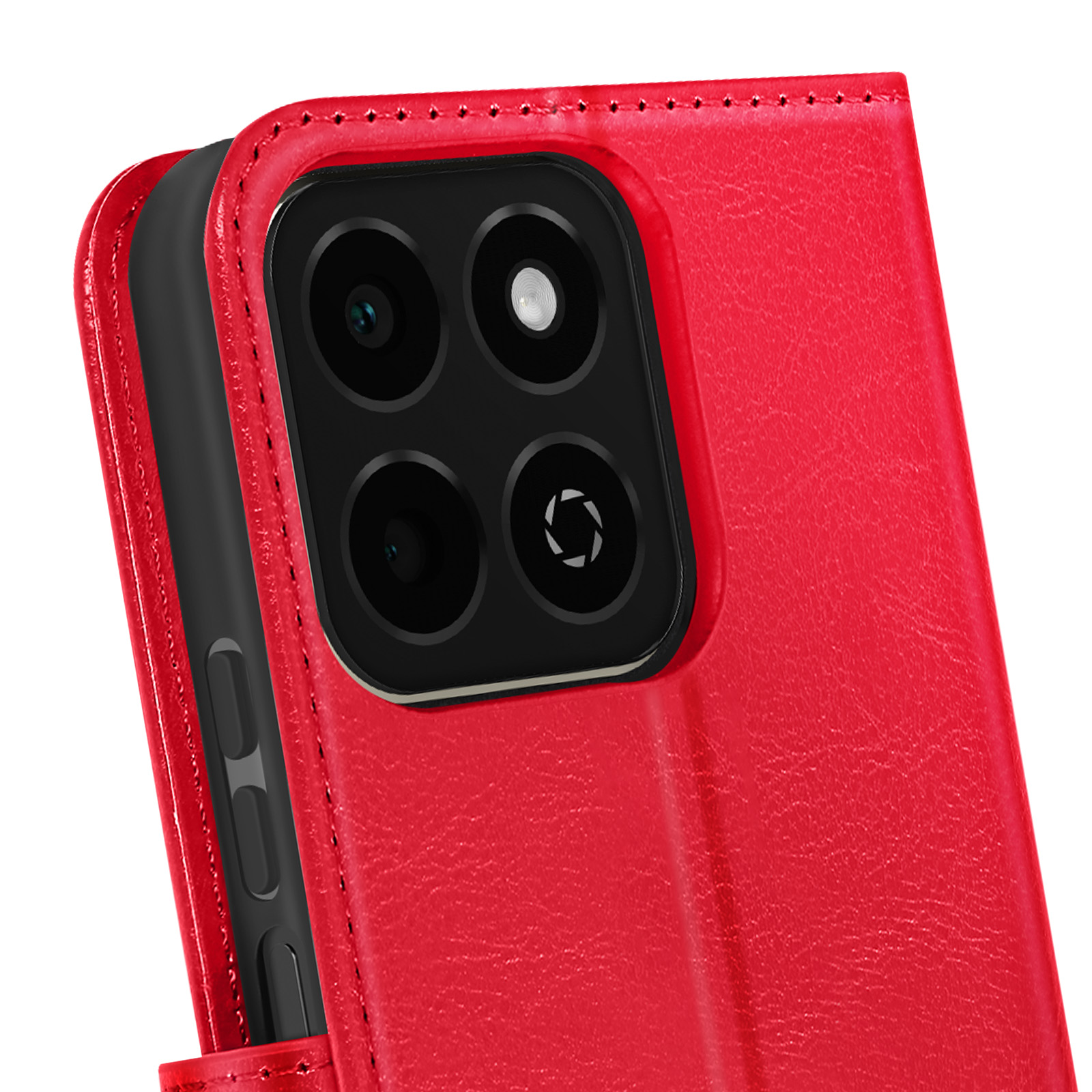 Custodia per telefono in pelle rossa con obiettivi della fotocamera visibili. Telefono nero.