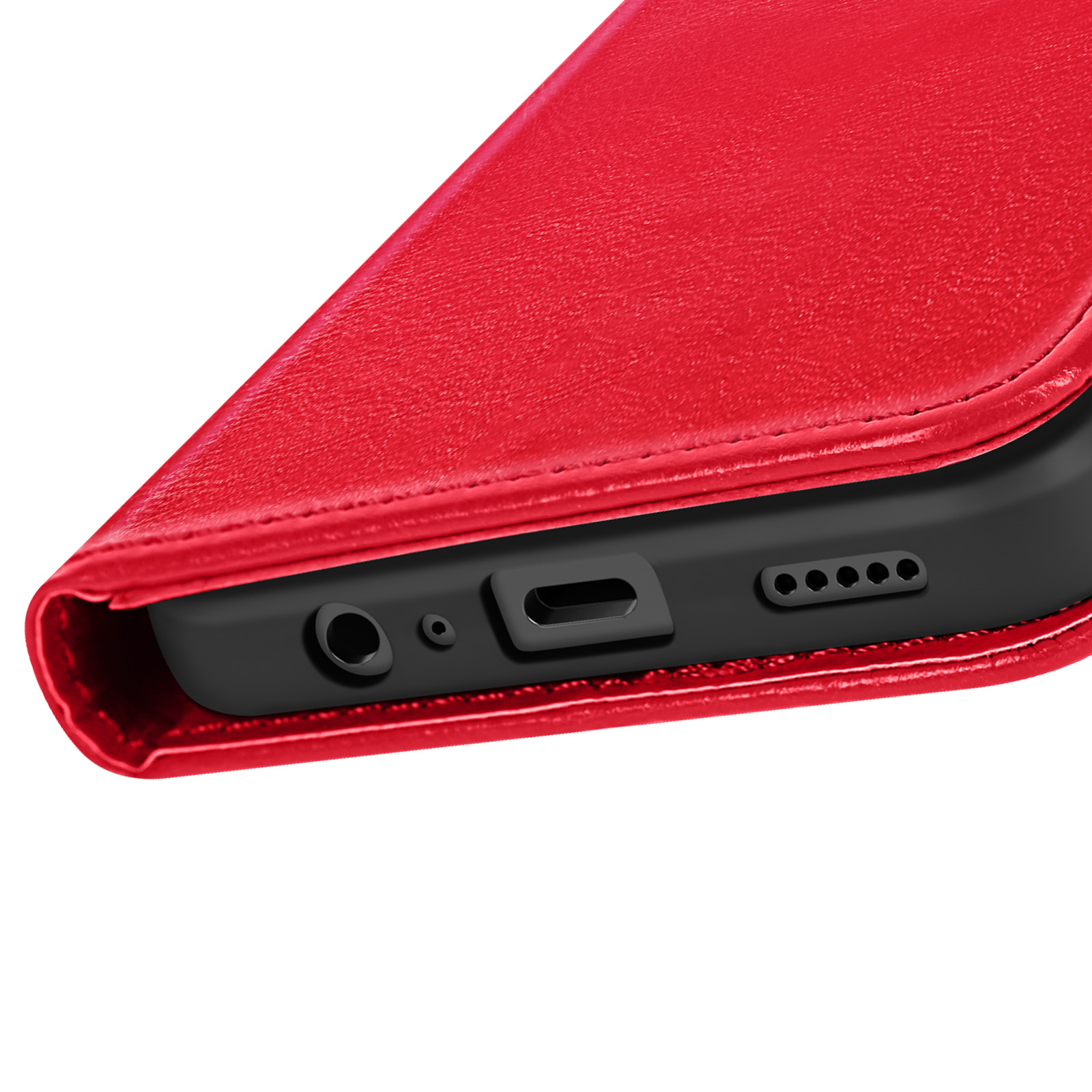 Una custodia per telefono rossa con un telefono nero all'interno, che mostra la porta di ricarica.