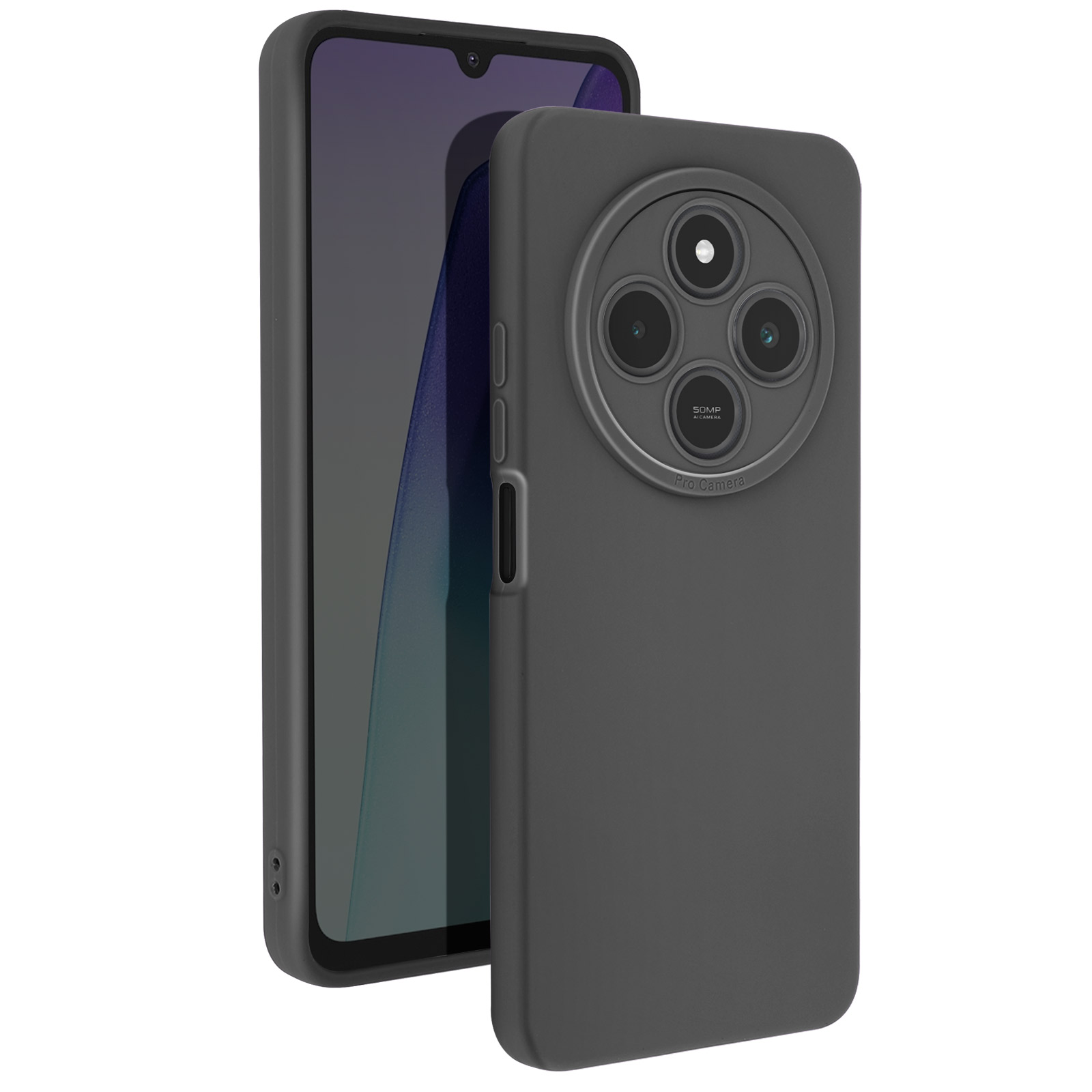 Una custodia grigia per telefono con un'ammaccatura per la fotocamera. Il telefono è a sinistra.