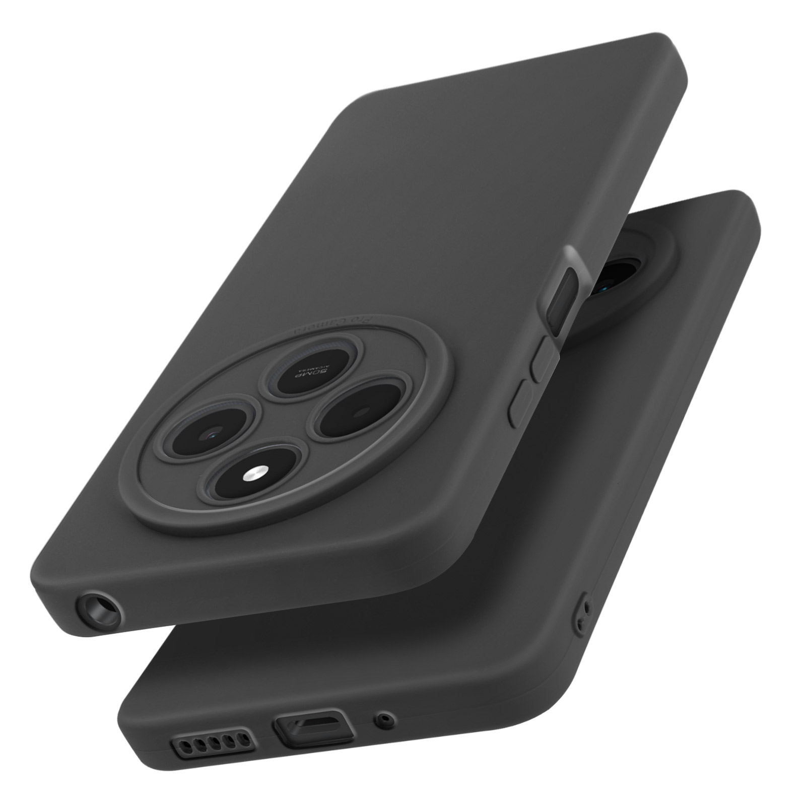 Due custodie grigie per telefono, una sovrapposta all'altra. La custodia superiore ha un ritaglio per la fotocamera.