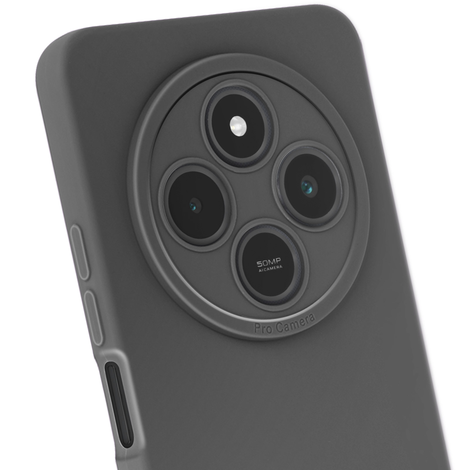 Primo piano di una custodia grigia per telefono. Ha tre ritagli per la fotocamera e un'etichetta 'Pro Camera'.