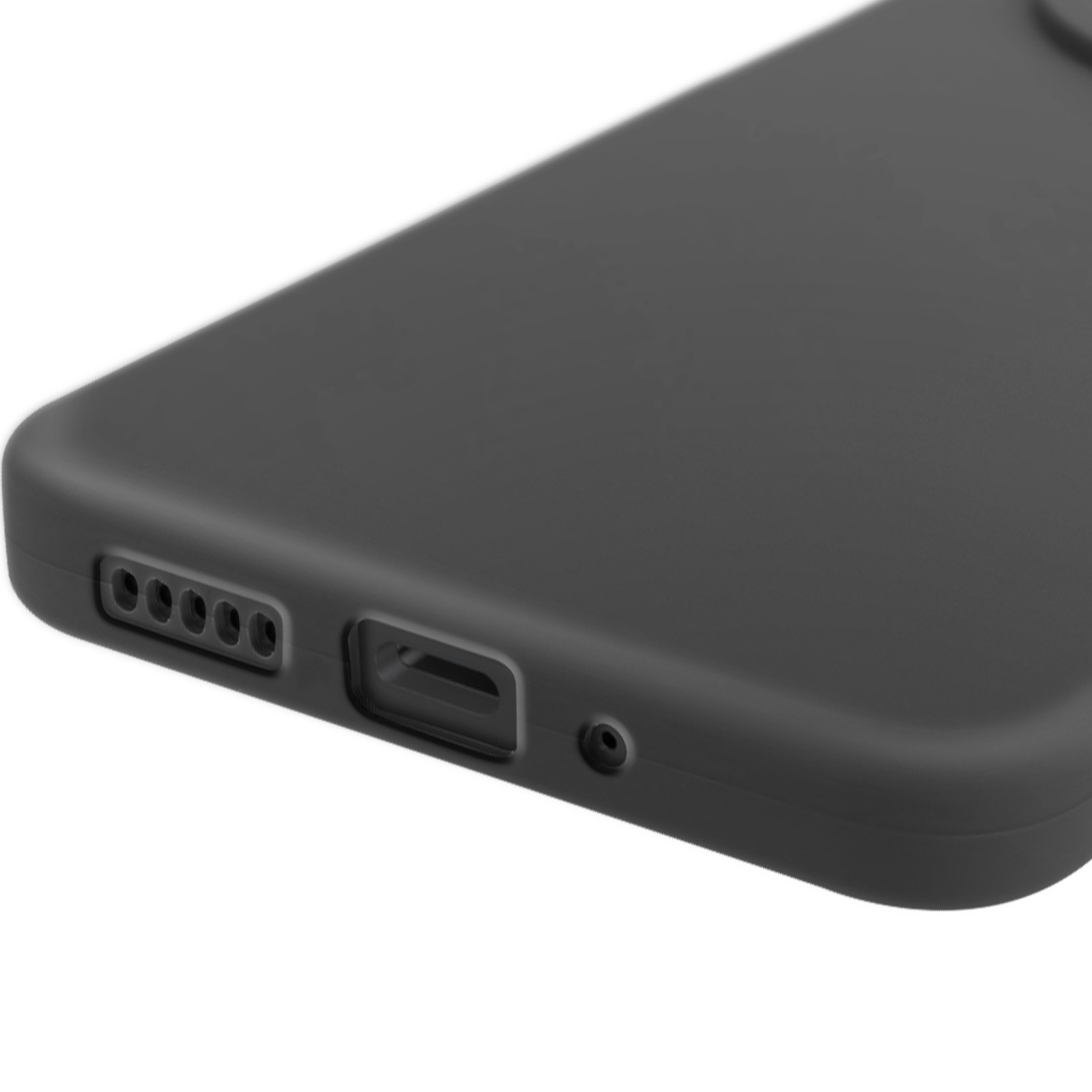 Un primo piano di una custodia per telefono con un ritaglio per la fotocamera e porte, in colore grigio.