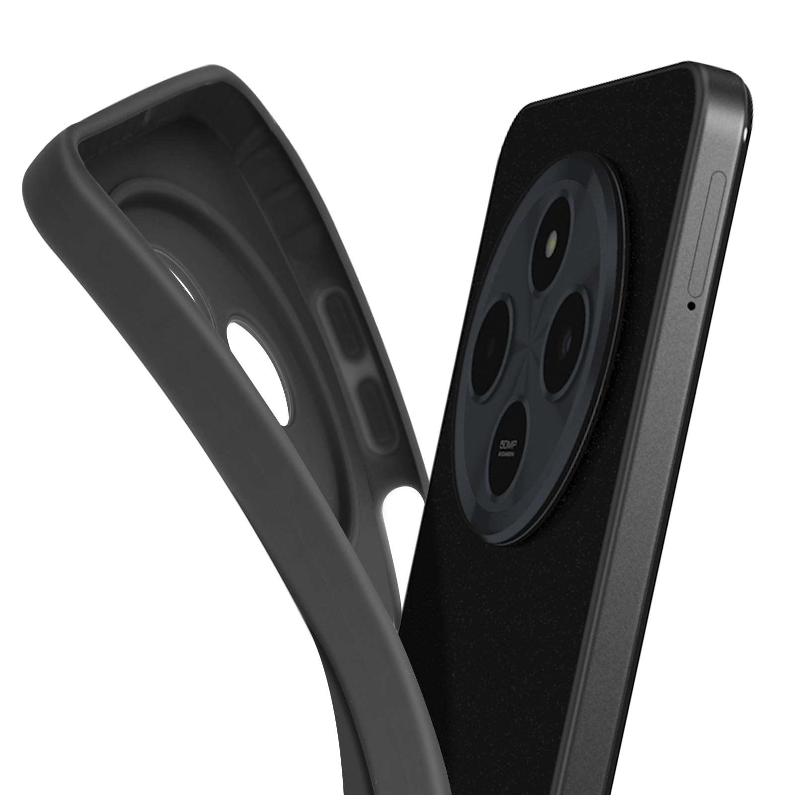 Una custodia nera per telefono con il telefono parzialmente inserito, che mostra gli obiettivi della fotocamera. La custodia è aperta.