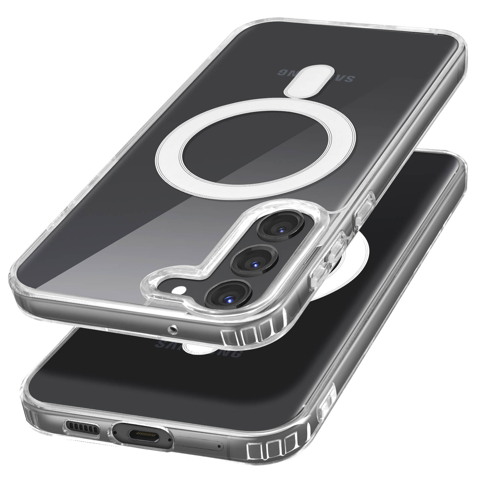 Custodia trasparente con contorno telefono nero e cerchio bianco, stratificata su bianco.