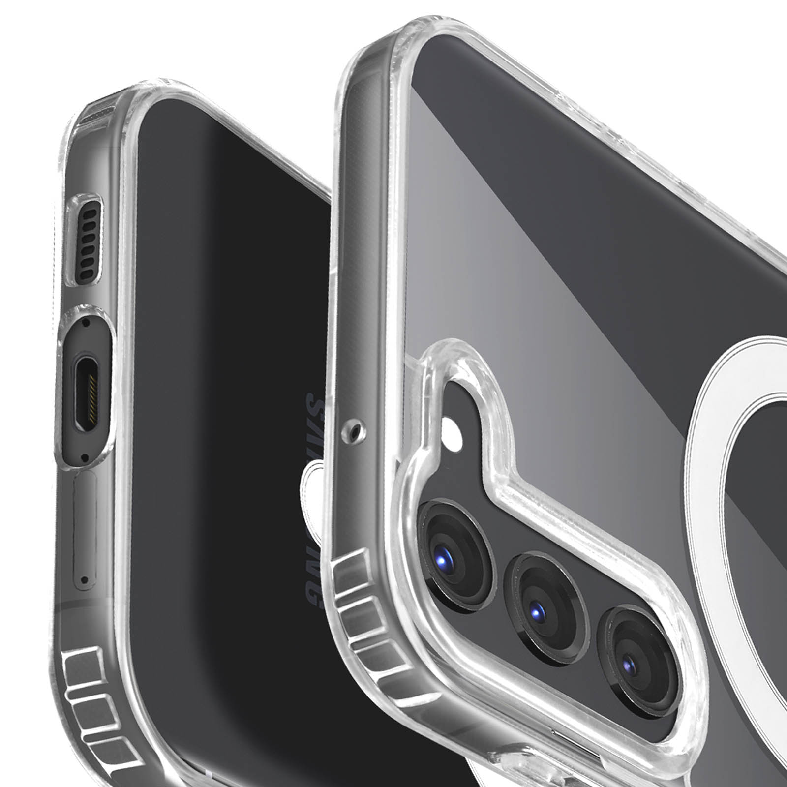 Due custodie trasparenti per telefono impilate, che mostrano un telefono all'interno. La custodia ha un anello.