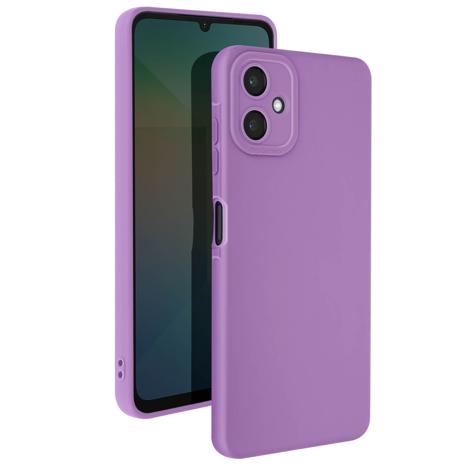 Lila Handyhülle mit einem Telefon darin. Die Hülle hat einen Kameraausschnitt.