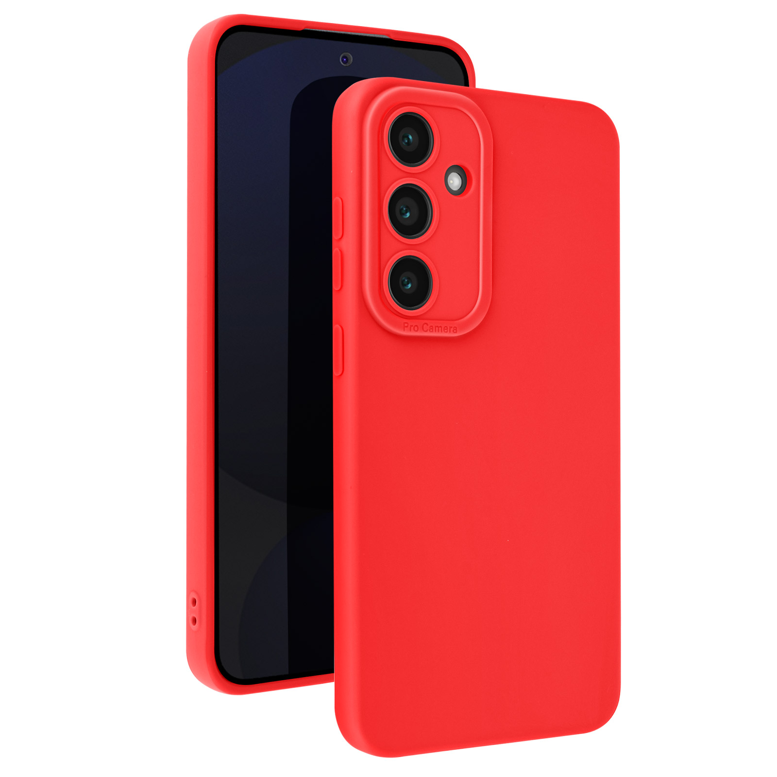 Custodia rossa per telefono su un telefono. Sono visibili tre fotocamere. Il telefono è a sinistra e la custodia a destra.