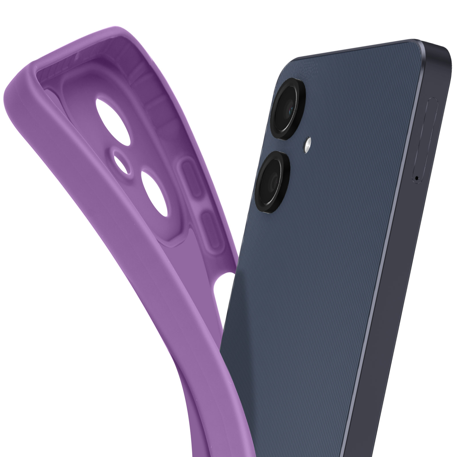 Lila Handyhülle neben einem dunkelblauen Telefon. Die Hülle hat Löcher und das Telefon hat zwei Kameras.