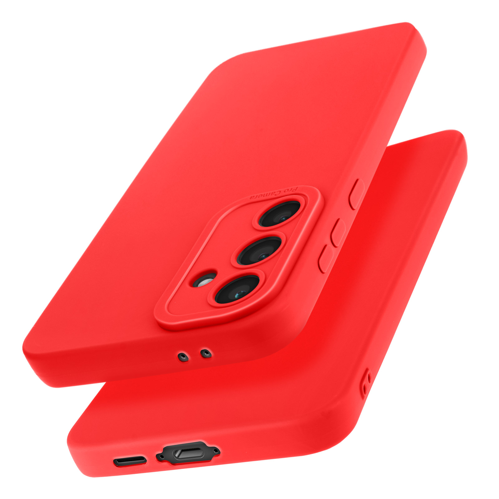 Custodia rossa per telefono. Una custodia è sopra l'altra. Ha un ritaglio per la fotocamera.