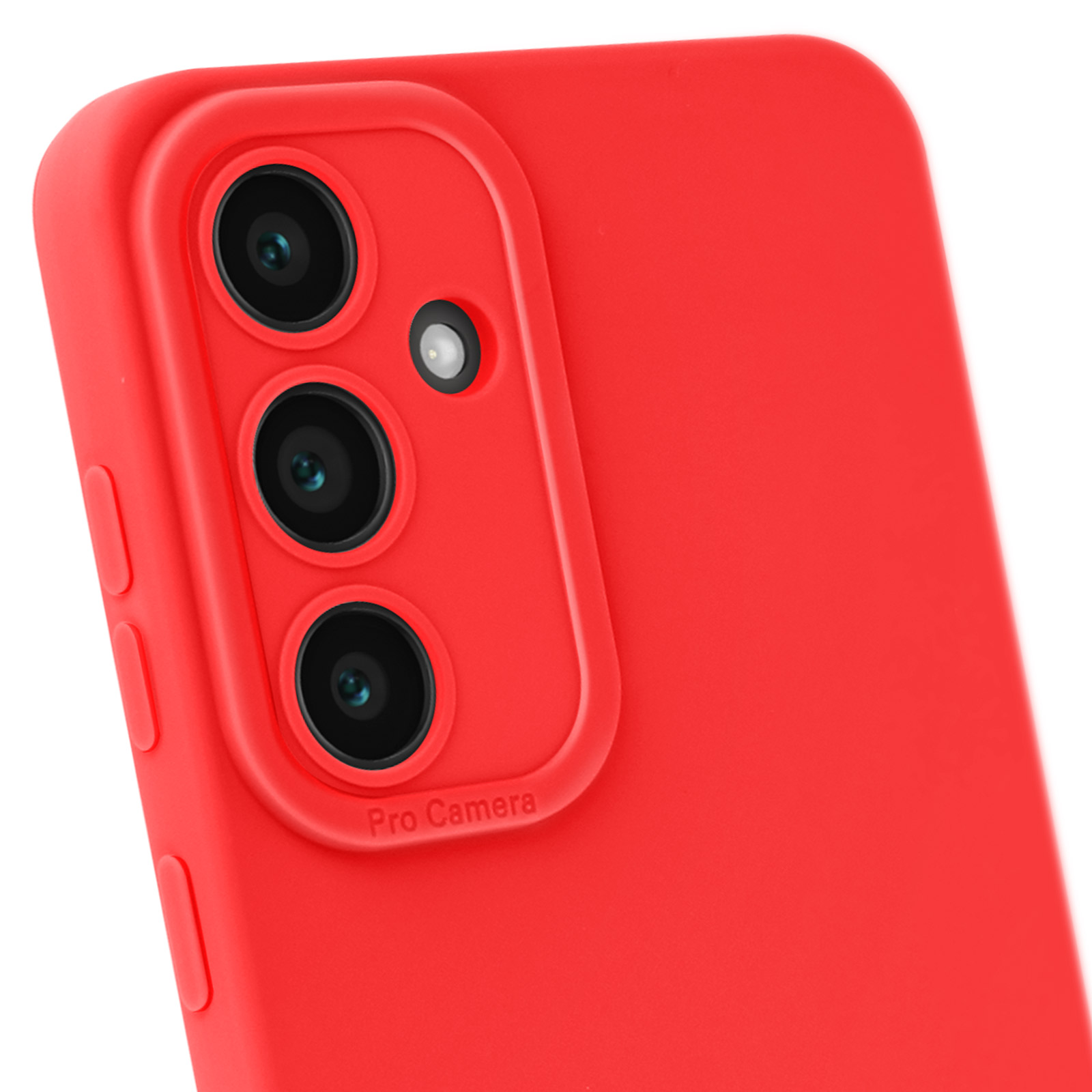 Custodia rossa con tre lenti della fotocamera e un piccolo flash.