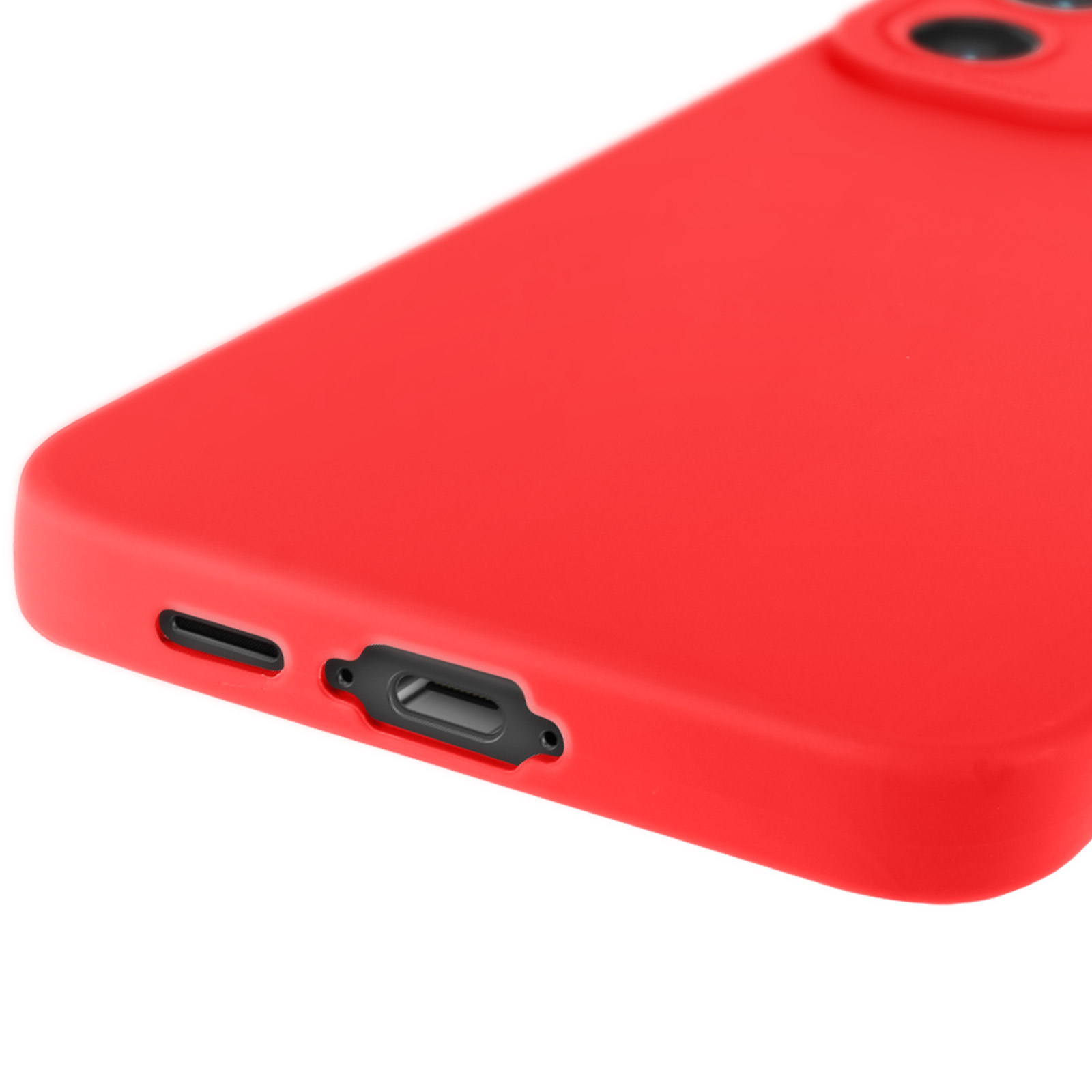 Primo piano di una custodia rossa per telefono che mostra la porta di ricarica e l'area della fotocamera.